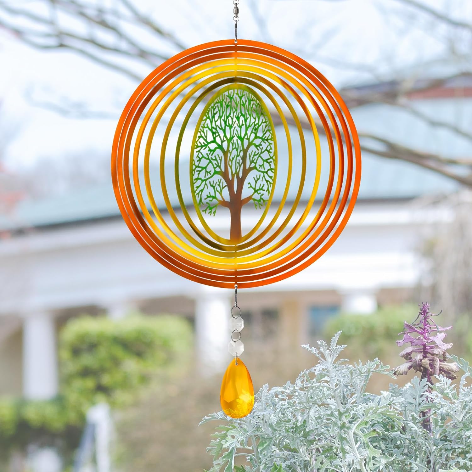 Tree of Life Wind Spinner, 8 Inch Round Stainless Steel Garden Decor
