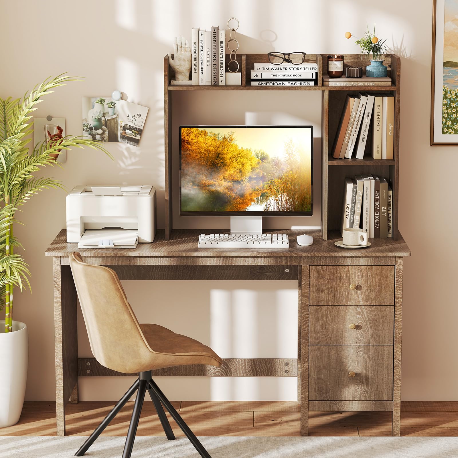HOMASIS Scaffale da Scrivania in Legno, Libreria da Scrivania con 5 Scomparti, Organizzatore Aperto da Scrivania con Dispositivo Anti-Ribaltamento per Soggiorno, Studio, 94 x 25 x 74 cm (Grigio)