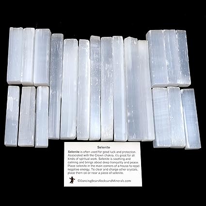 Dancing Bear 2 Pound Selenite Small Sticks- Wands Hand-Sorted Plus Free Piece of Bismuth Crystal and Educational ID Cards, Bulk, Reiki, Chakra, Healing