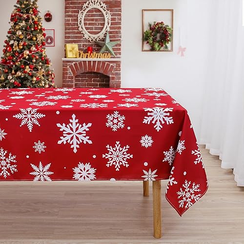 Mantel de Navidad rectangular con diseño de copo de nieve, color rojo, para invierno, vacaciones, mantel impermeable para Navidad, sin manchas y