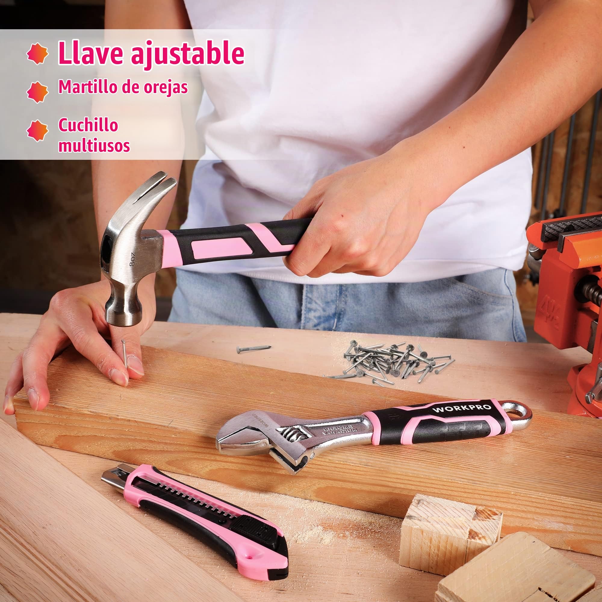 WORKPRO Juego de Herramientas con Destornillador Eléctrico, 73 Piezas Herramientas con Maletín Rosa Portátil, Herramientas Duraderas y Resistentes, Perfecto para Bricolaje, Mantenimiento del Hogar