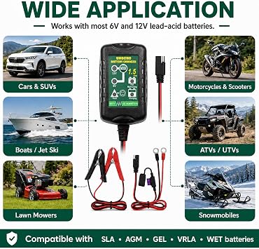 Unocho 6V/12V Battery Charger Maintainer 1.5A Automatic Trickle Charger Smart Float Charger for Car Motorcycle Lawn Mower Boat ATV Snowmobile Lead-Acid AGM GEL SLA VRLA WET Batteries