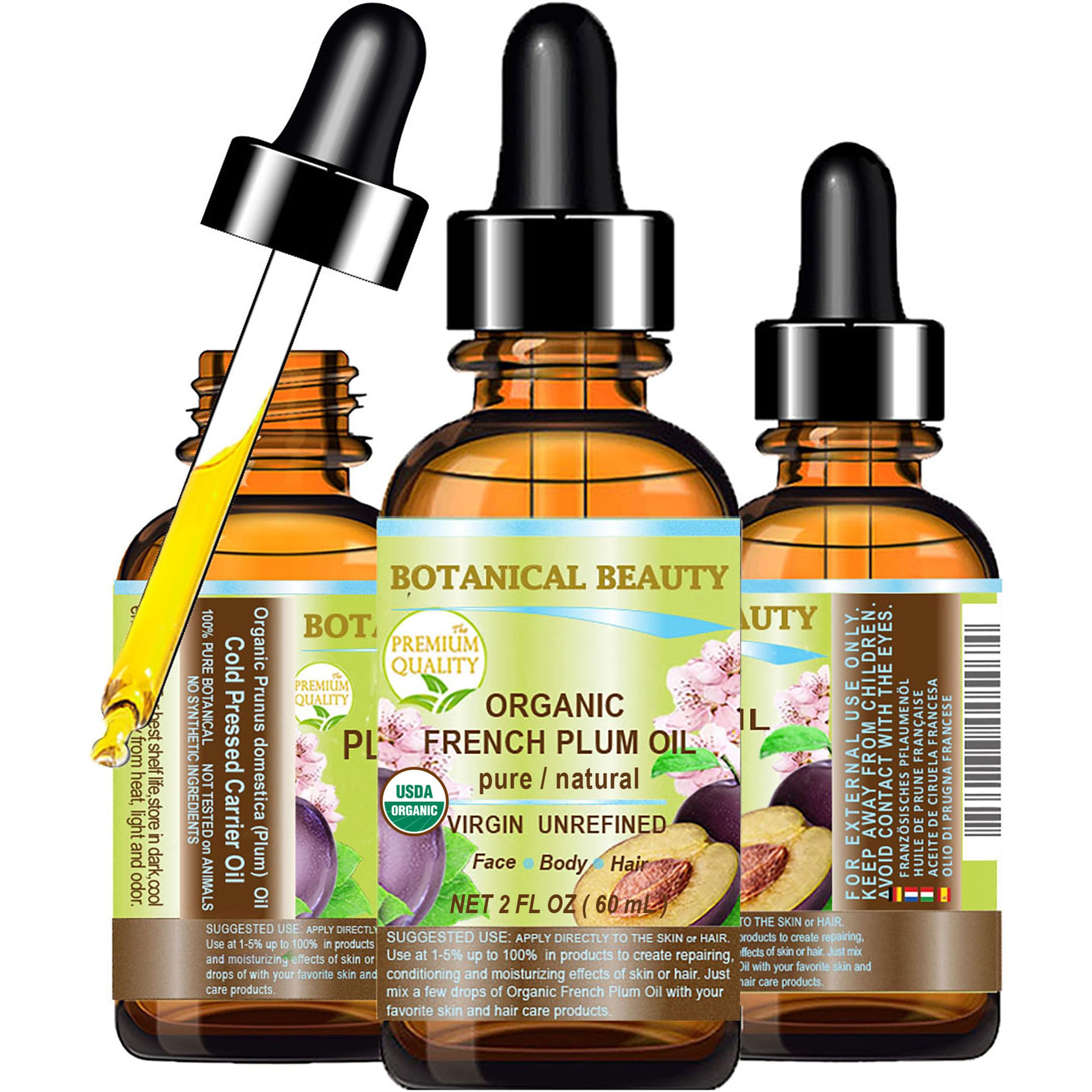 Botanical Beauty Organic French PLUM OIL 100% Pure Natural VIRGIN UNREFINED Cold-Pressed Carrier Oil for Face, Skin, Body, Hair, Lip, Nails. Rich in