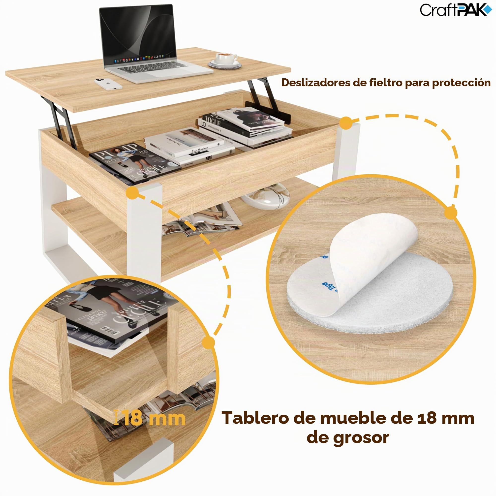 CraftPAK Mesa de Centro elevable con Almacenamiento – Mesa de Centro Plegable – Mesa de salón Ajustable en Altura – Coffee Table – Mesa de salón de Madera Color Blanco