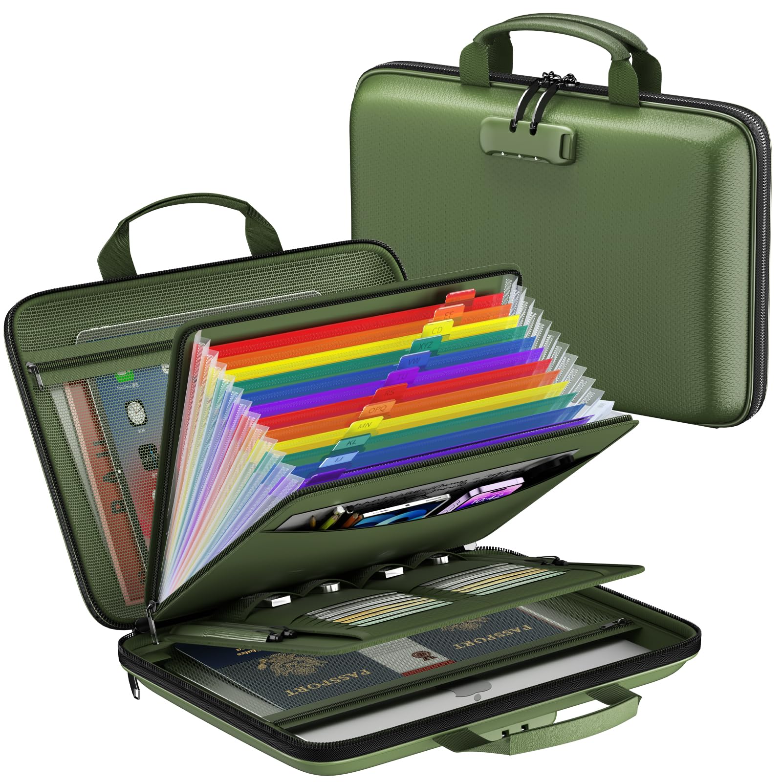 ZOOPIP Fireproof File Organizer,Fireproof Document Box with Lock,Large 13 Pocket Expanding File Folder,Hard-Shell Portable Safe Storage for Letter/Legal Document,Laptop,Valuables-Green