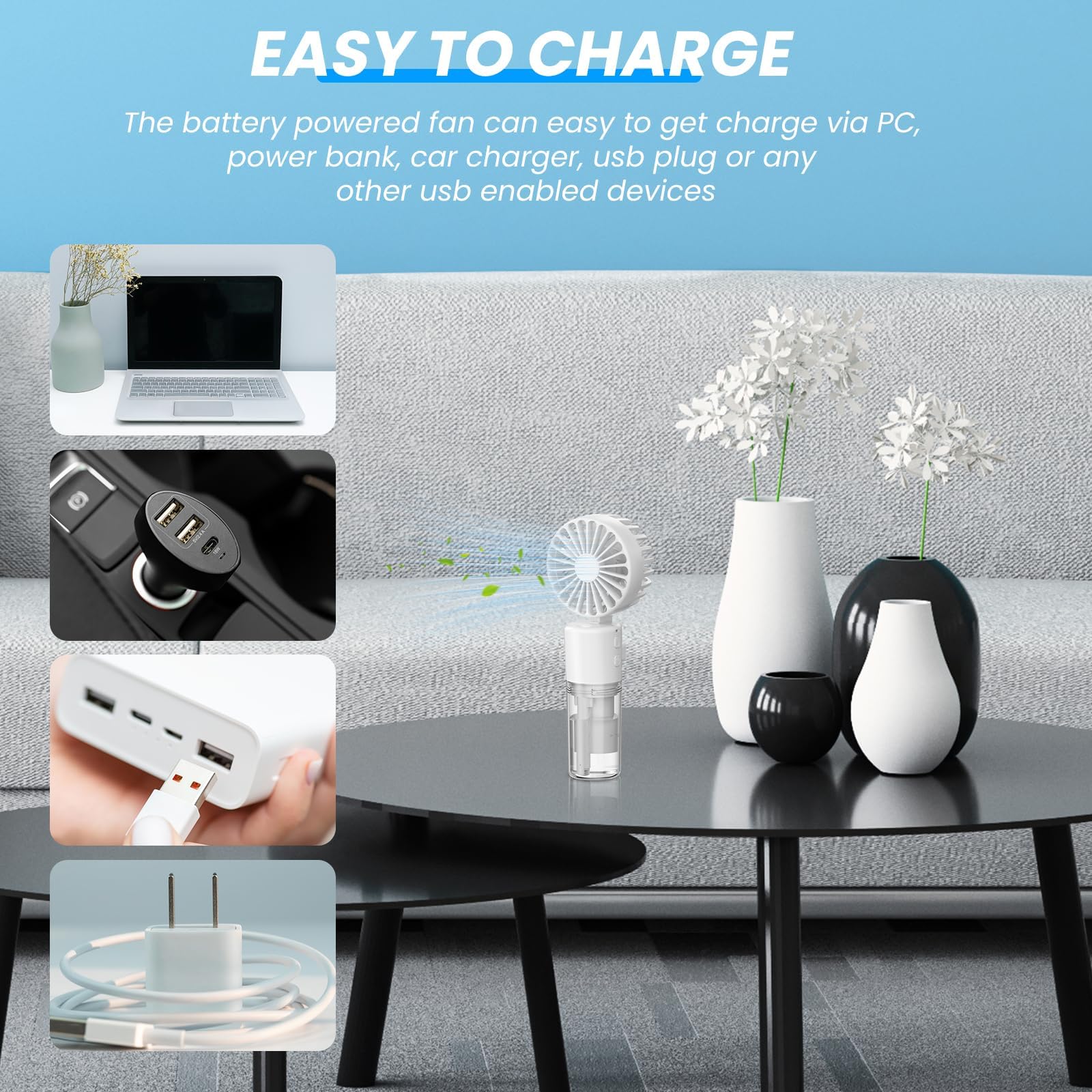 مروحة صغيرة محمولة مع بخاخ ماء - مروحة محمولة قابلة لاعادة الشحن بمنفذ USB مع 4 سرعات وتصميم قابل للطي وزجاجة مياه سعة 55 مل - مروحة مكتب قوية للسفر للعطلات، ابيض صورة المنتج 6