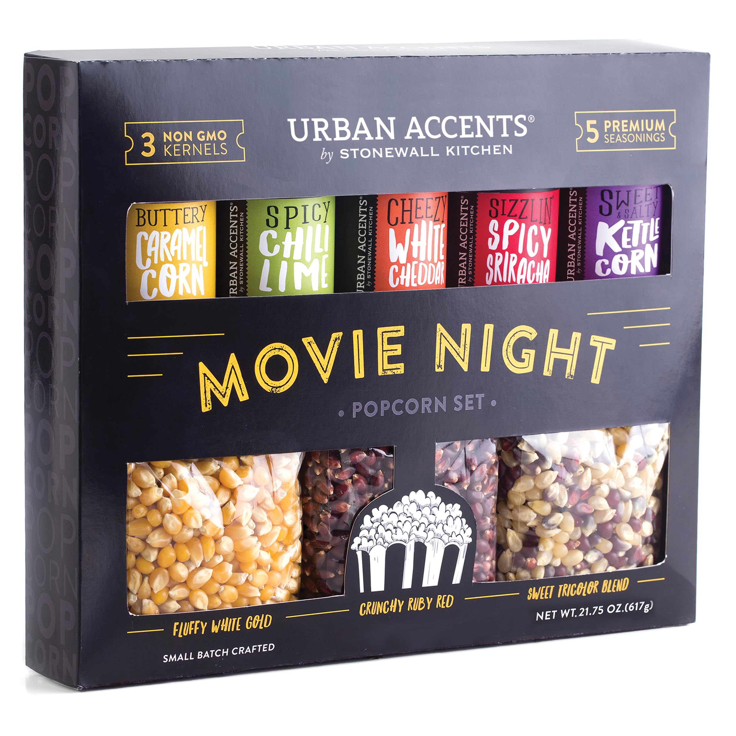 Urban Accents Movie Night Popcorn Gift Set – Includes 3 Gourmet Popcorn Kernel Varieties & 5 Flavorful Seasonings – Perfect Snack Gift Box for Parties, Holidays, or Movie Lovers