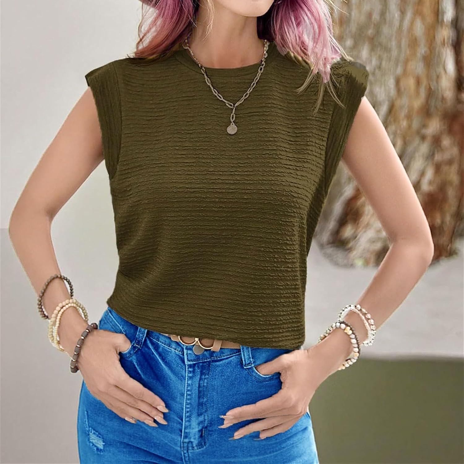 Womens Summer Textured Tops Casual Loose Crewneck Cap Sleeve T Shirts Fashion Solid Color Basic Tunic Blouses