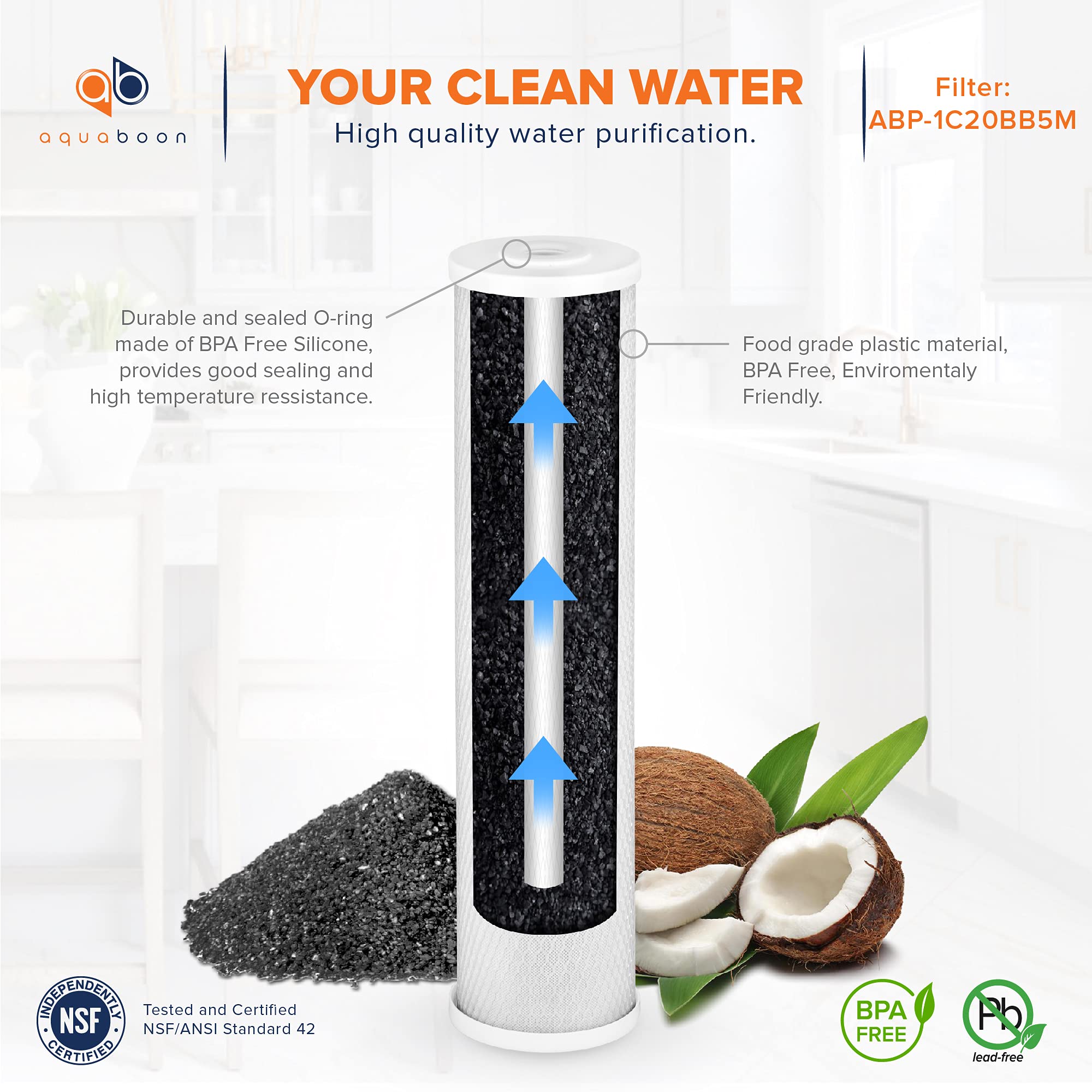 Aquaboon Cartuccia di ricambio per filtro dell'acqua a carbone attivo CTO, 5 micron, 20 x 4,5, per tutta la casa, compatibile con FC25B, EP-20BB, confezione da 2