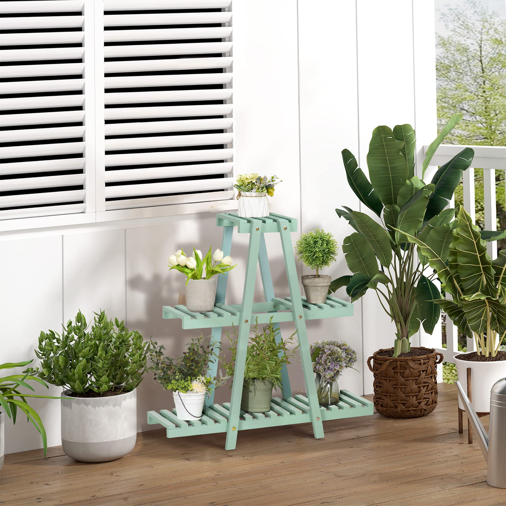 Outsunny Étagère à plantes en bois étagère à fleurs support de pots de fleurs 3 niveaux de rangement - 76 x 26 x 76 cm - vert