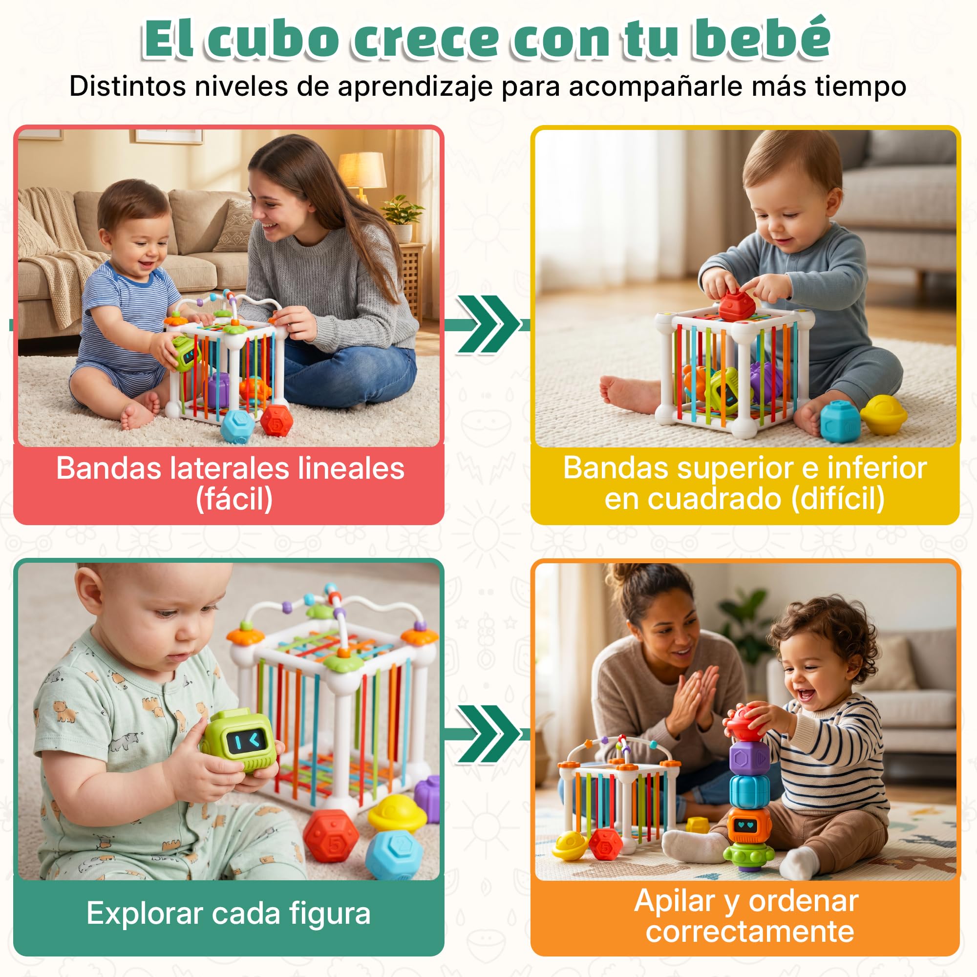 Cubo Sensorial Montessori 4 en 1 para Bebé 12 a 36 Meses Juguete Educativo Progresivo con Acompañamiento Profesora Montessori Española | Motricidad Fina Habilidades Motoras Regalo Niño Niña 1 2 3 Años — view 5