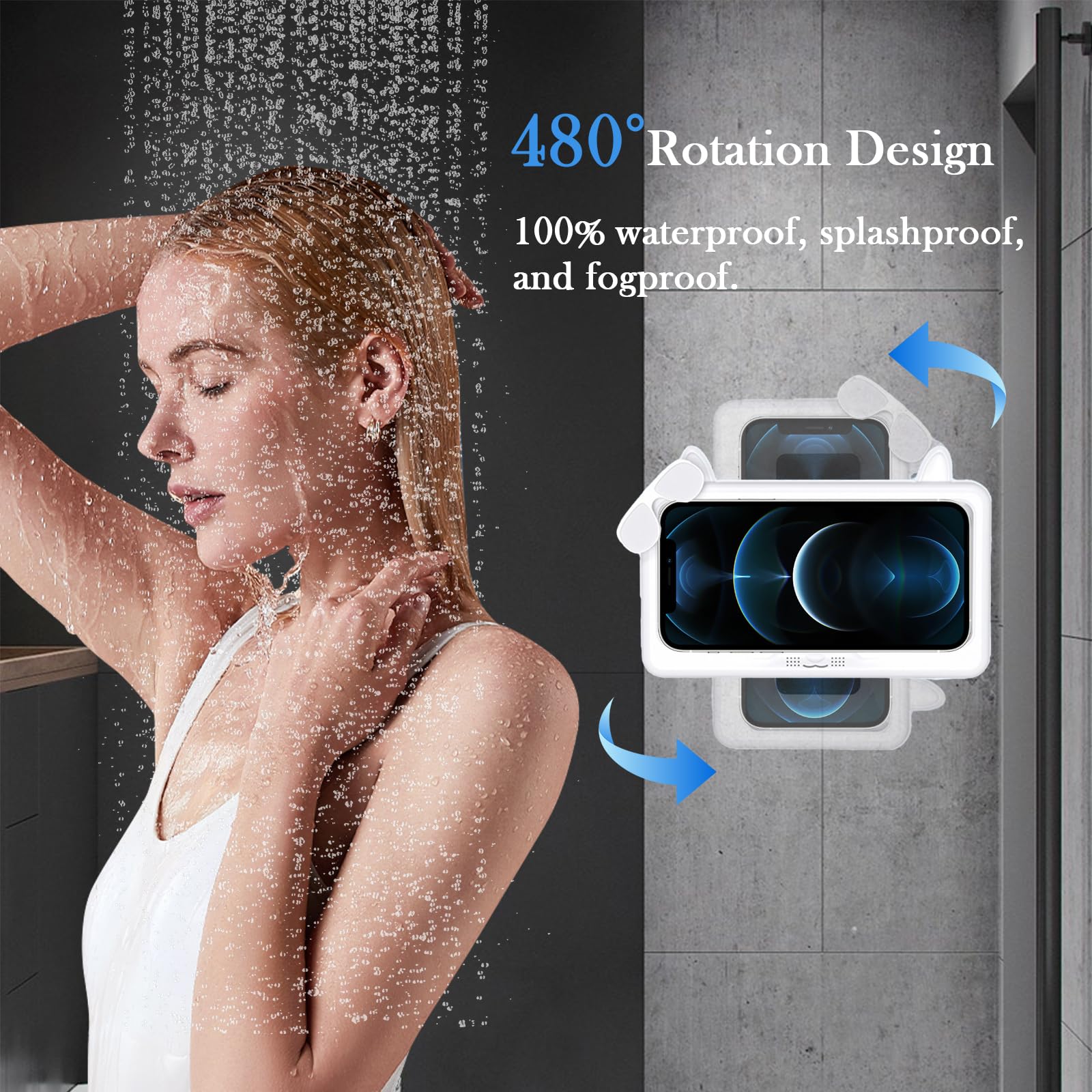 Soporte para teléfono de ducha, impermeable, antivaho, pantalla táctil, soporte de pared de rotación de 480 grados, para baño, baño, cocina, espejo de pared, compatible con teléfonos de 4.7 a