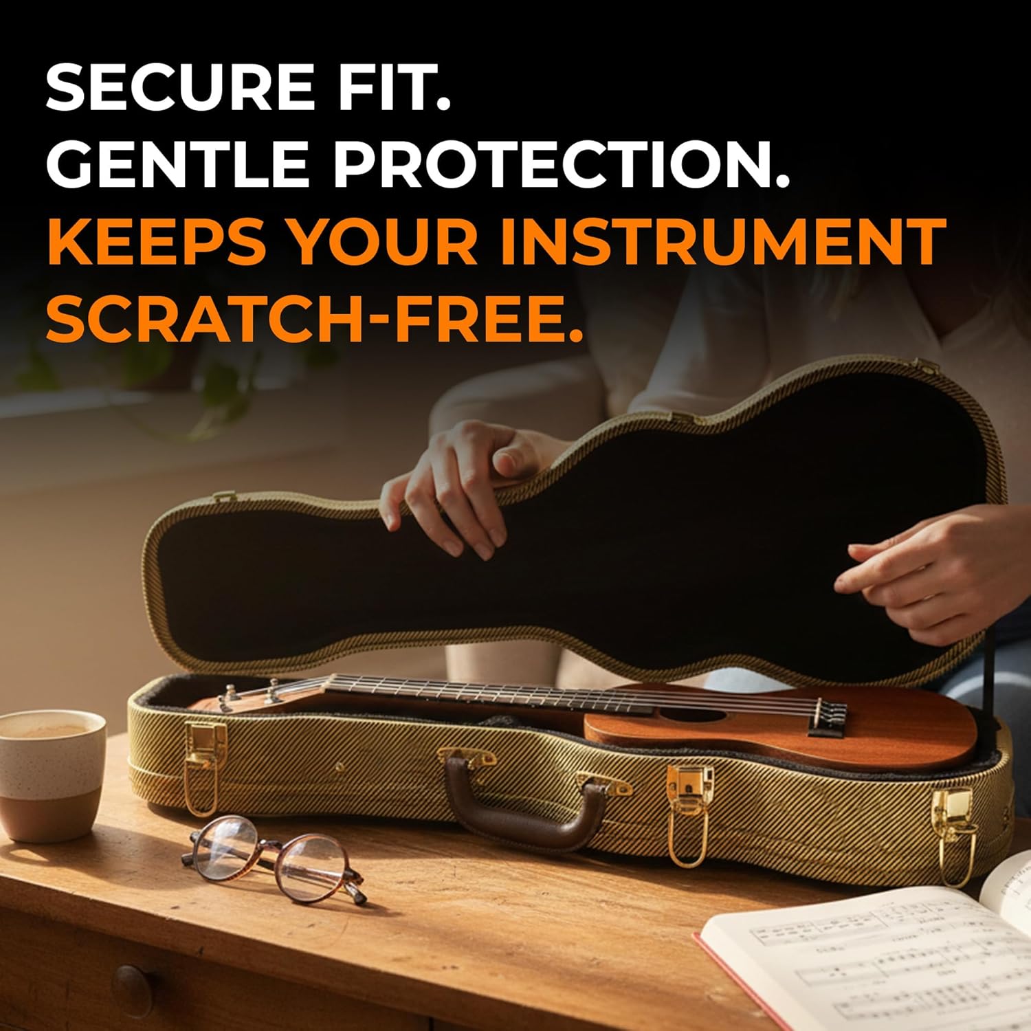 Gearlux Wooden Concert Ukulele Case with Exterior Lock and Key, PVC Handle, and Plush Interior Padding - Tweed