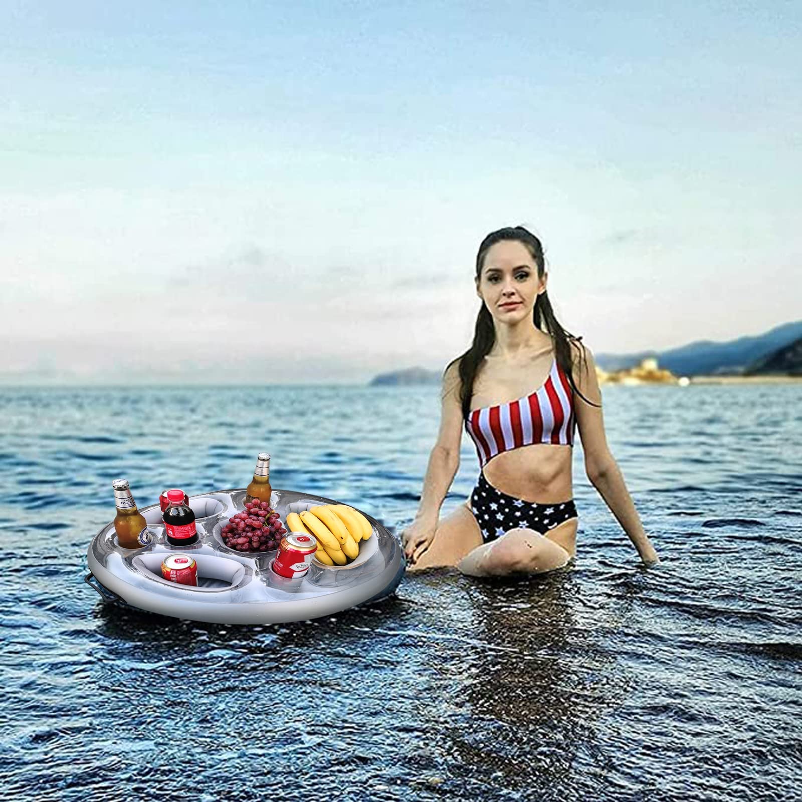 Portabibite Gonfiabile, Vassoio per Cibo Galleggiante per Piscina 8 Fori, supporto gonfiabile per bevande, Porta bicchiere gonfiabile per piscina, per l'Estate All'Aperto Piscina Spiaggia (Argento)