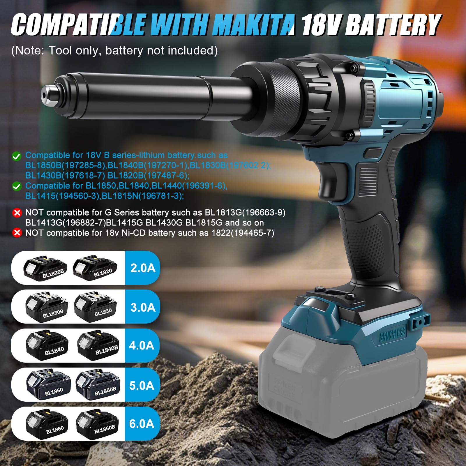 Remachadora y tuercas pistola a batería en 1 para Makita 18V (sin batería) | Pistola remachables eléctrica portátil, con tuercas M3, M4, M5, M6, M8, M10, M12, 4 adaptadores y luz LED