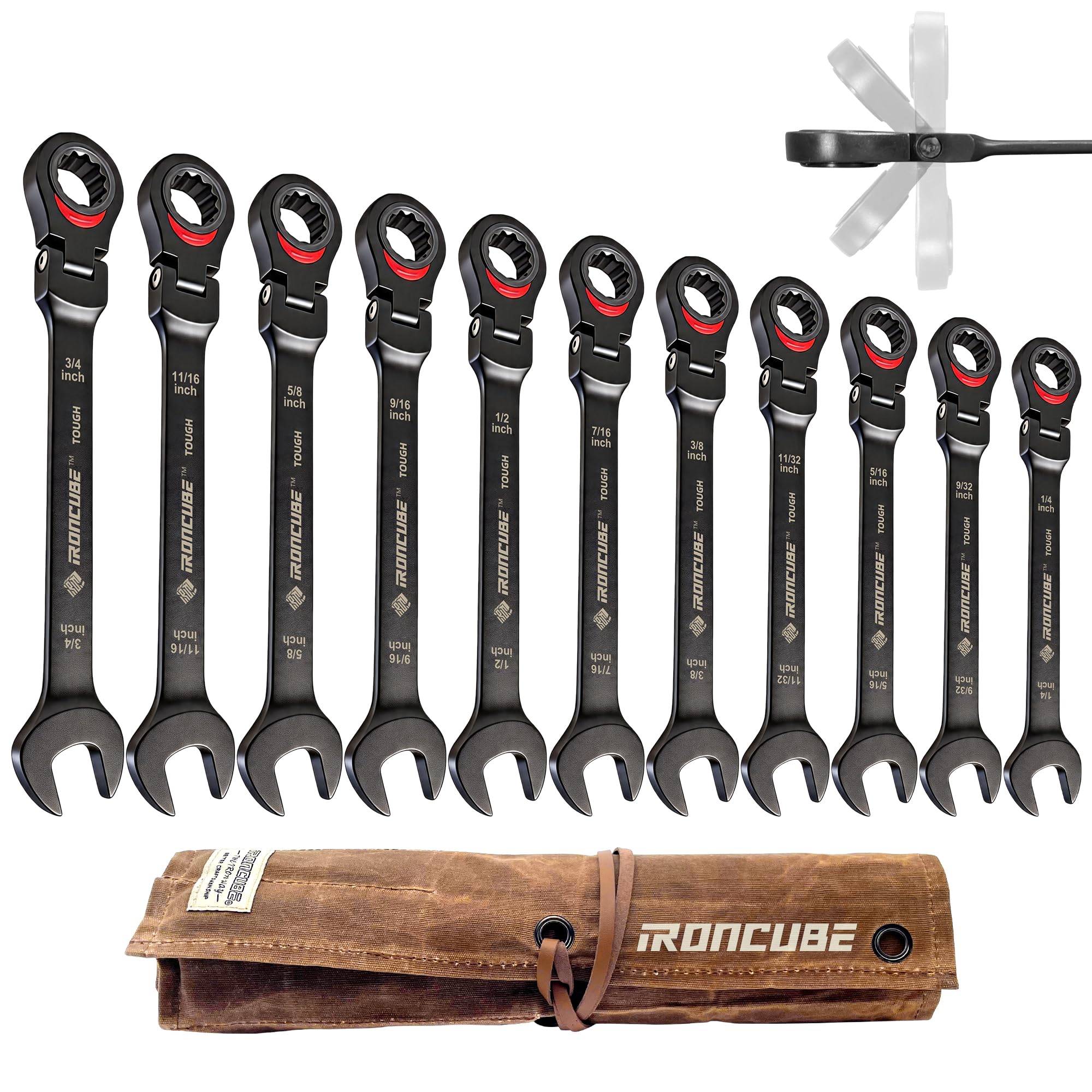 ironcube Set di chiavi combinate a cricchetto, 11 pezzi, SAE da 1/4 a 3/4", testa flessibile, in acciaio CR-V, resistente, con custodia per attrezzi in tela cerata per riparazione moto