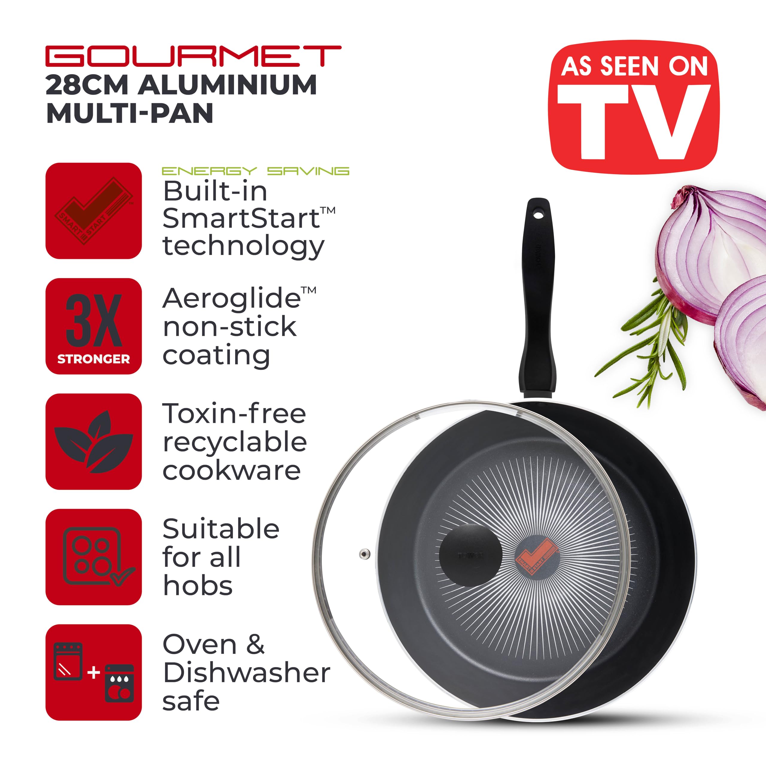 Tower T700318 SmartStart Gourmet - Sartén multisartén y tapa de aluminio con revestimiento antiadherente Aeroglide, compatible con inducción (28 cm)