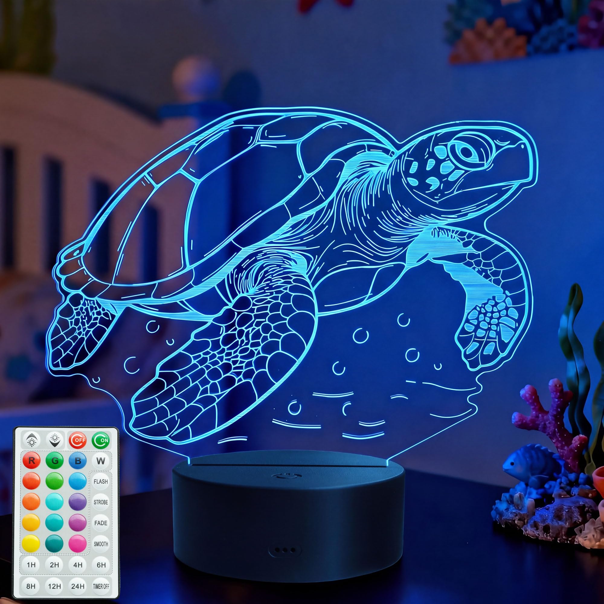 POSSHE Turtle Night Light, Sea Turtle Gifts with Remote Control, 16 RGB Colors, 4 Flashing Modes, Timer, Dimmable, Kids Room Decoration for Holiday Birthday