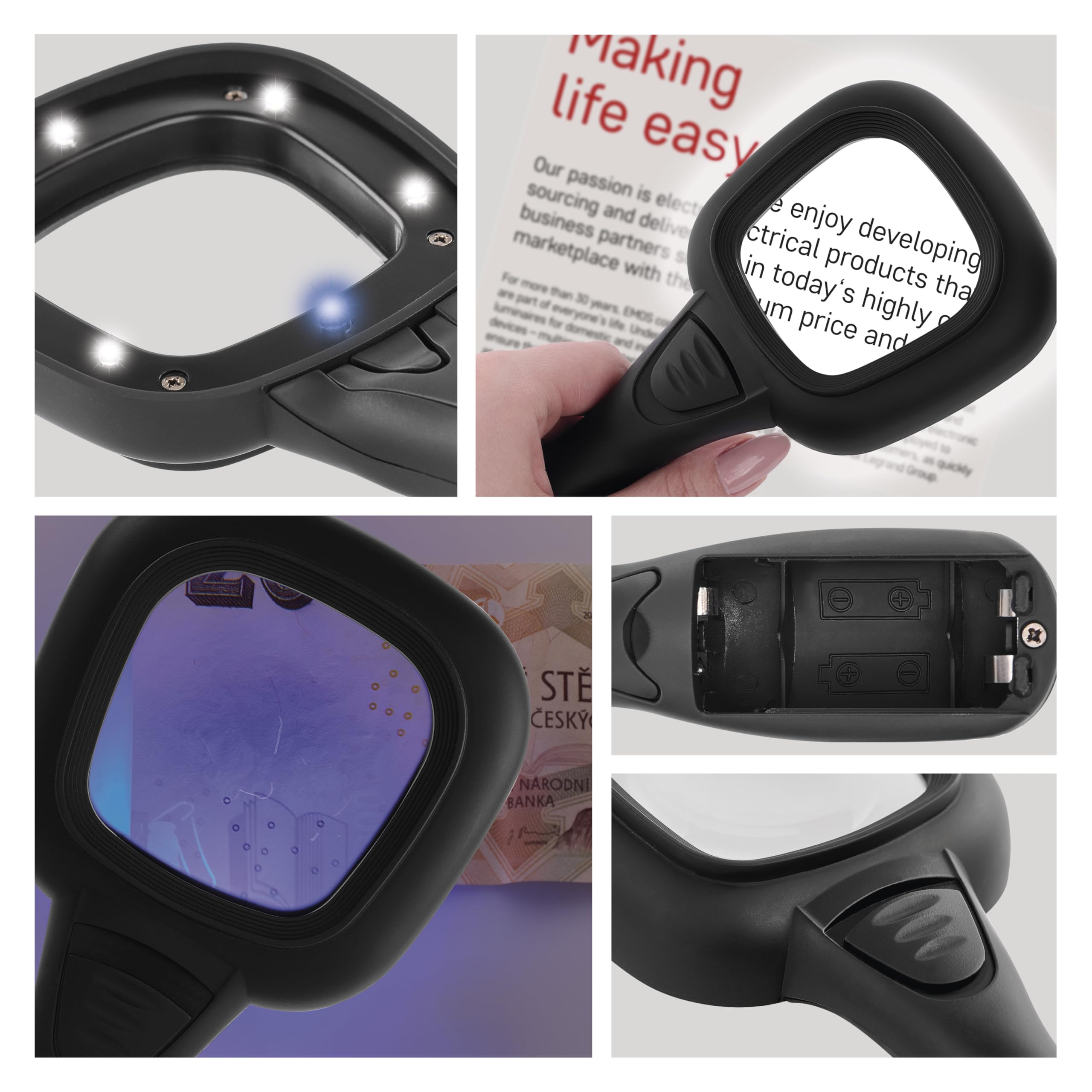 EMOS Lupa de Lectura LED con luz LED y UV, Zoom 2,5X, 10 Unidades, lupas de Mano iluminadas para Personas Mayores, Lectura, inspección, Monedas, Billetes, Pasatiempos, Incluye Estructura y Pilas