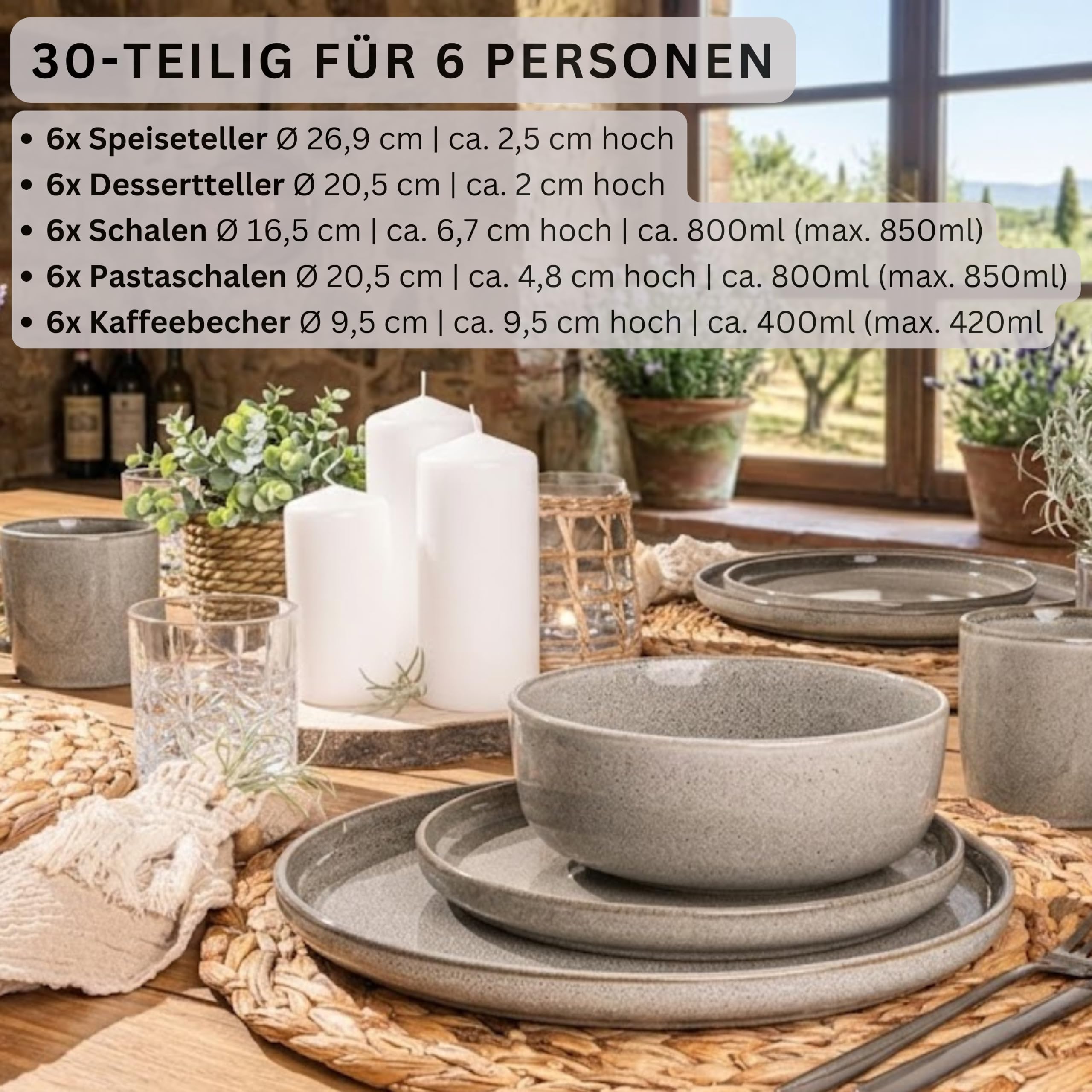 SÄNGER Kairo Clay | Kombiservice 6 Personen, Teller Set Kaffeebecher Pastaschale 30 tlg, Steingut Geschirr Set spülmaschinen- mikrowellen- kratzfest, Geschirrset aus Steingut | VALUE COLLECTION