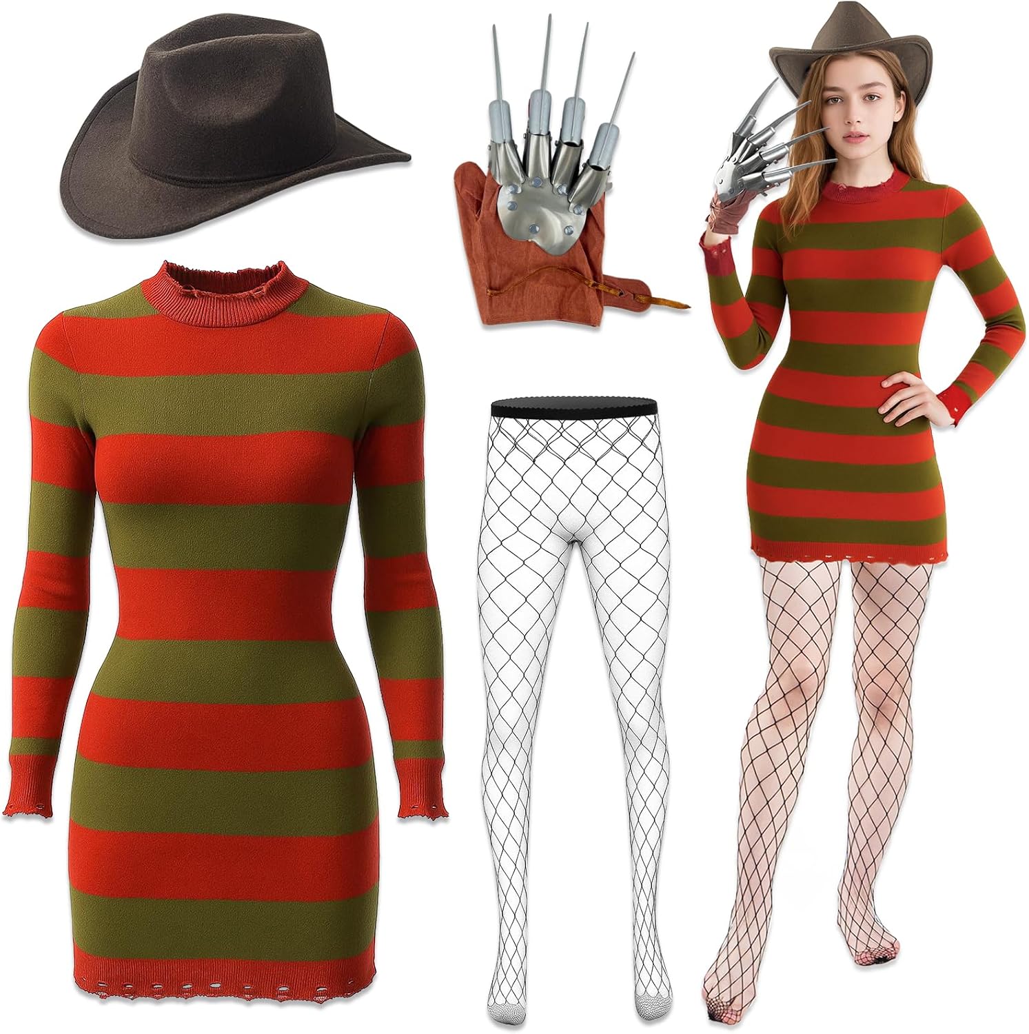 Unisex Halloween Costume for Women Adult Scary Killer Knitted Striped Dress with Brown Hat Glove and Mesh Stockings Cosplay