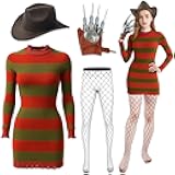 Halloween Costume for Women Adult Scary Killer Knitted Striped Dress with Brown Hat Glove and Mesh Stockings Cosplay