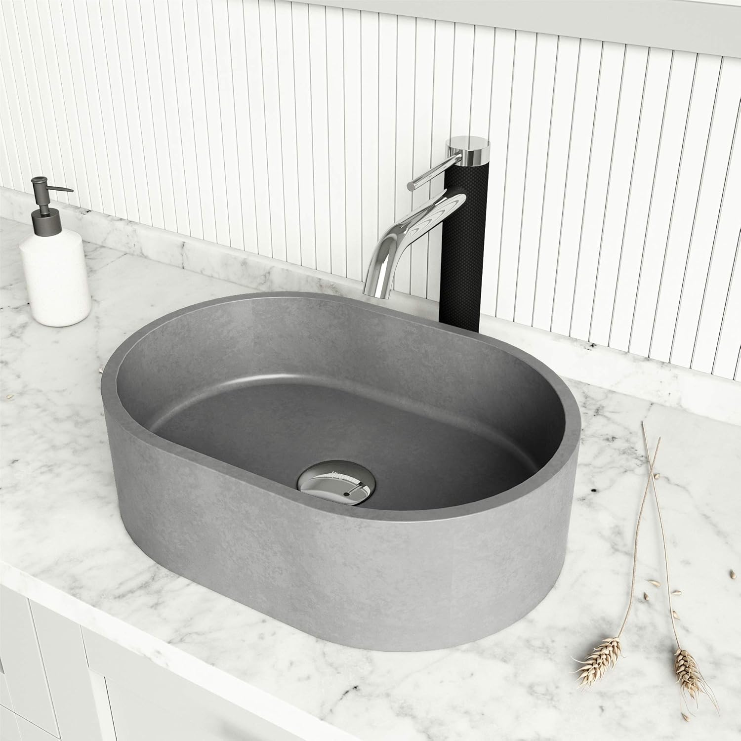 VIGO Giralda Gothic 16" L x 11" W x 5" H Over The Counter Concrete Oval Vessel Bathroom Sink in Gray -VG04059