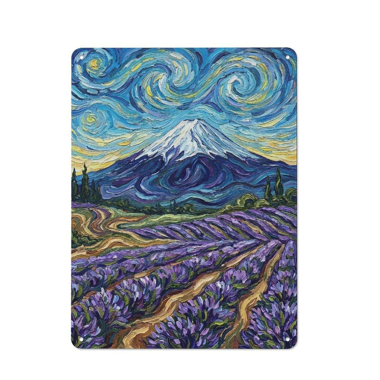 Junmoney Style-7 Metal Wall Sign 40X30cm Featuring Van Gogh Style Mountain And Lavender Field For Bar Or Restaurant, Gift For Bar Decor Enthusiasts During The Christmas Season