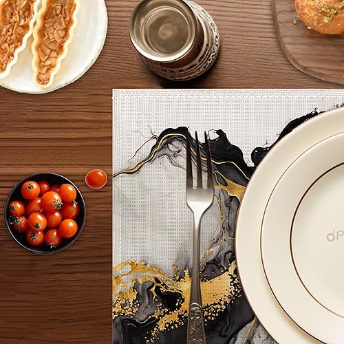 Miniatura 5 de Juego de 6 manteles individuales blancos y negros, lavables, resistentes al calor, de 12 x 18 pulgadas, manteles individuales de lino con mármol