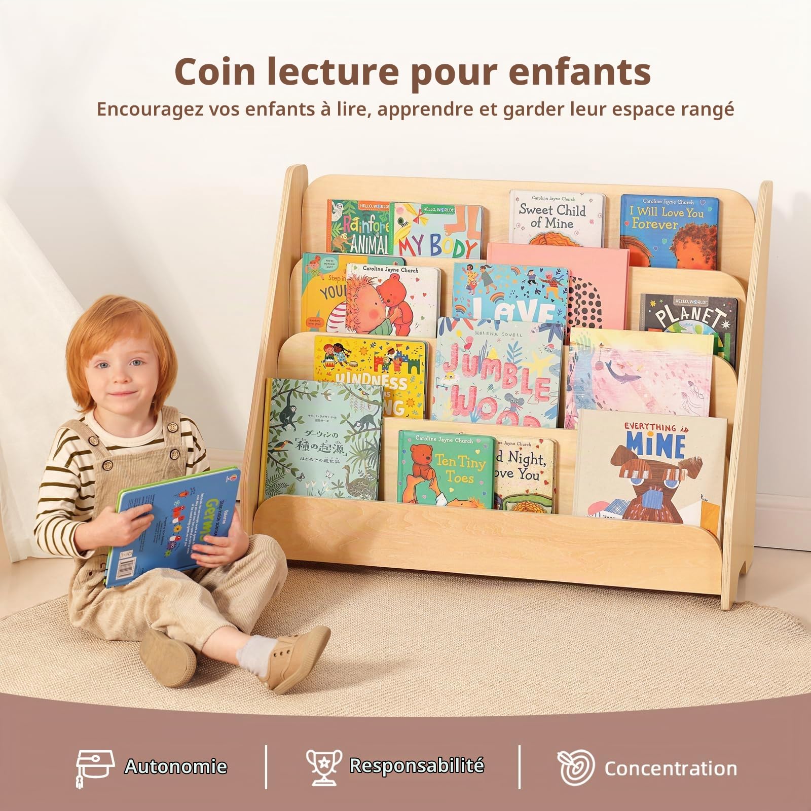 OOOK Étagère à livres pour Enfants, Présentoir Frontal en Bois à 4 Niveaux, Bibliotheque Enfant, Meuble Rangement Livre Enfant adapté à la salle de classe et à la salle de jeux