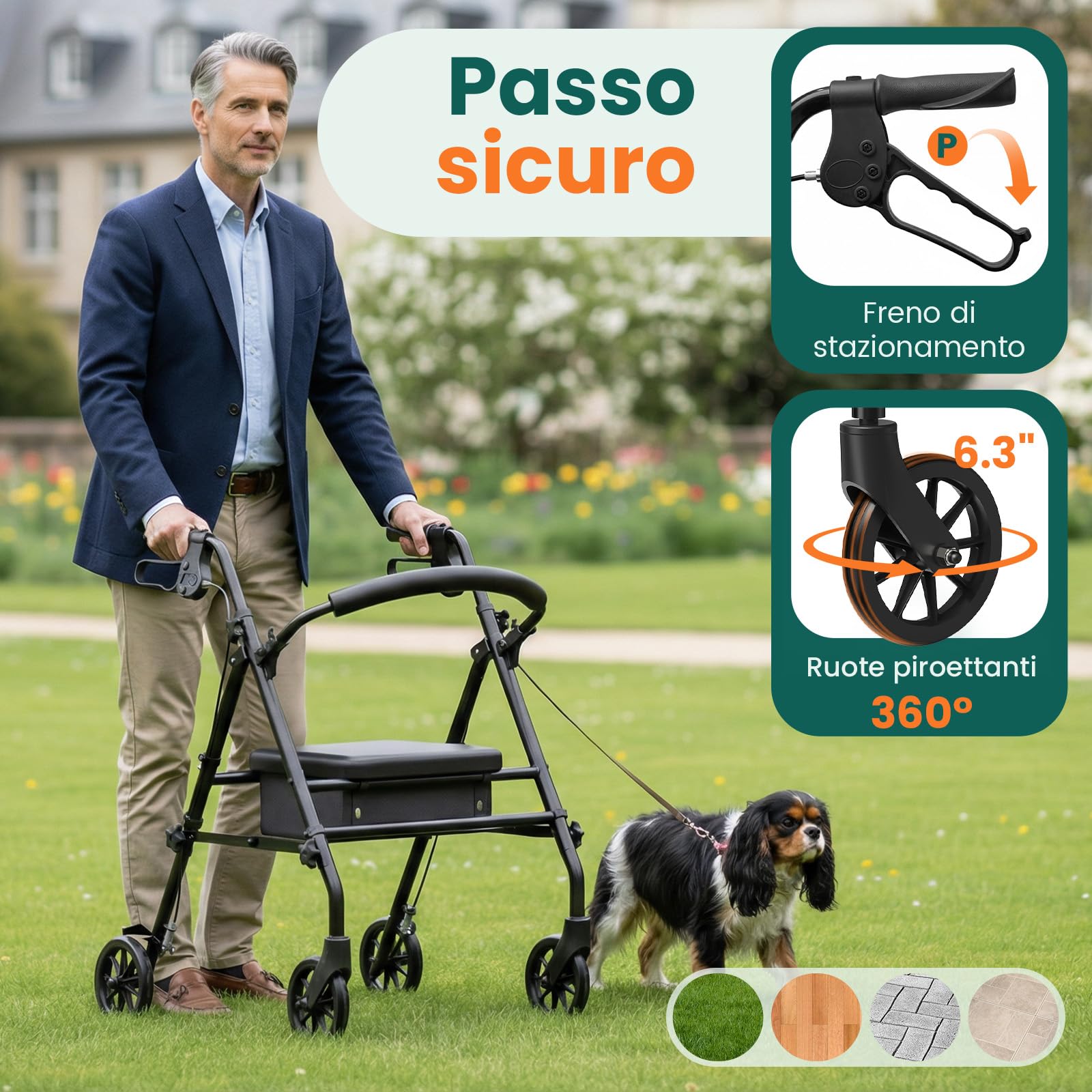Deambulatore Rollator con Sedile e Spazio di Stoccaggio – Ausilio di Camminata Leggero e Pieghevole a 4 Ruote per Anziani e Disabili, Uso Interno ed Esterno, Nero