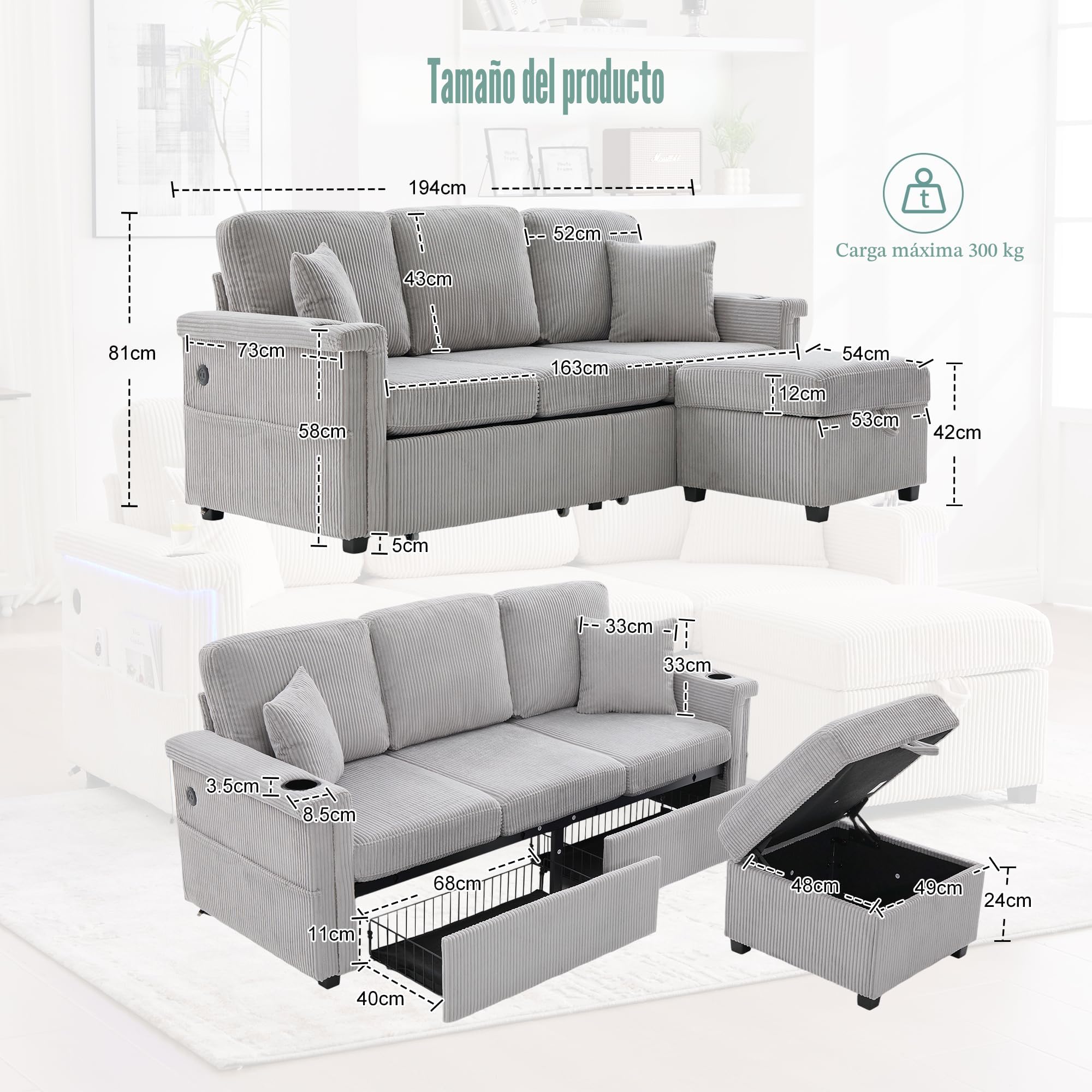 Sofá de 3 plazas, sofá en forma de L con función de dormir, iluminación LED y puerto USB-C, incluye espacio de almacenamiento, reposapiés, bolsillos laterales para salón, dormitorio, 194
