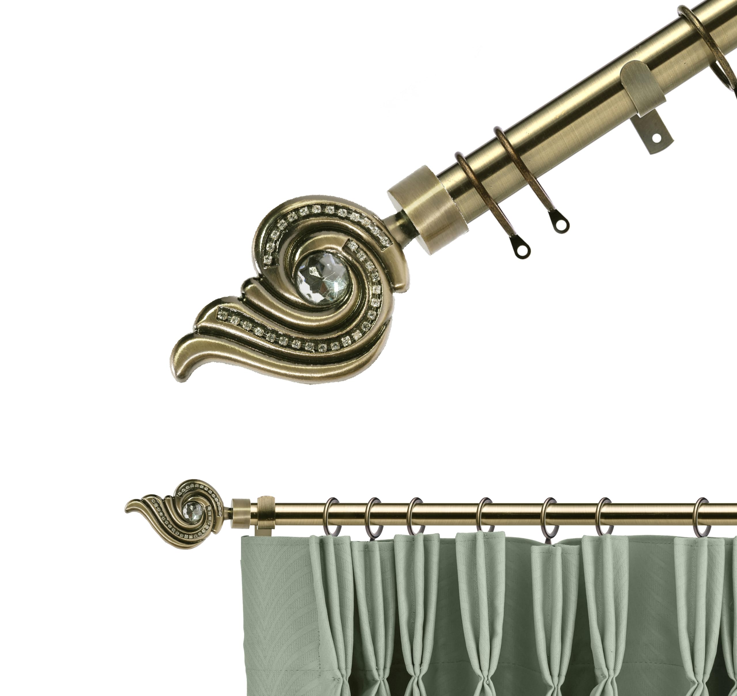 Lister Cartwright 28mm Antique Brass Adjustable Extendable Metal Curtain Pole Set Rings with Diamond Flame Finial Voile Easy fit to Outdoor, Bedroom, Living Room (120-220 cm)