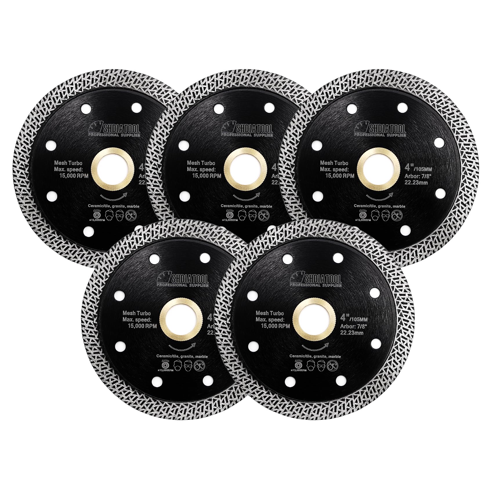 SHDIATOOL Diamond Cutting Disc 5pcs 4 Inches / 105mm Saw Blade with Mesh Turbo for Porcelain Tile Ceramic Granite Marble