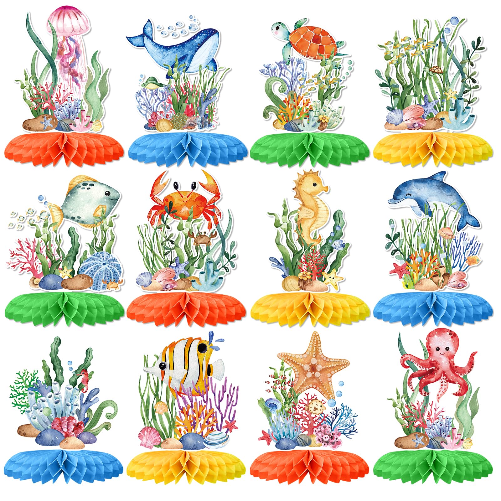12Pcs Ocean Sea Animal Honeycomb Centerpieces,Tropical Fish Under The Sea Birthday Party Decor Table Centerpieces for Boys Girls Kids Baby Shower Ocean Themed Beach Photo Props Party Decor Supplies