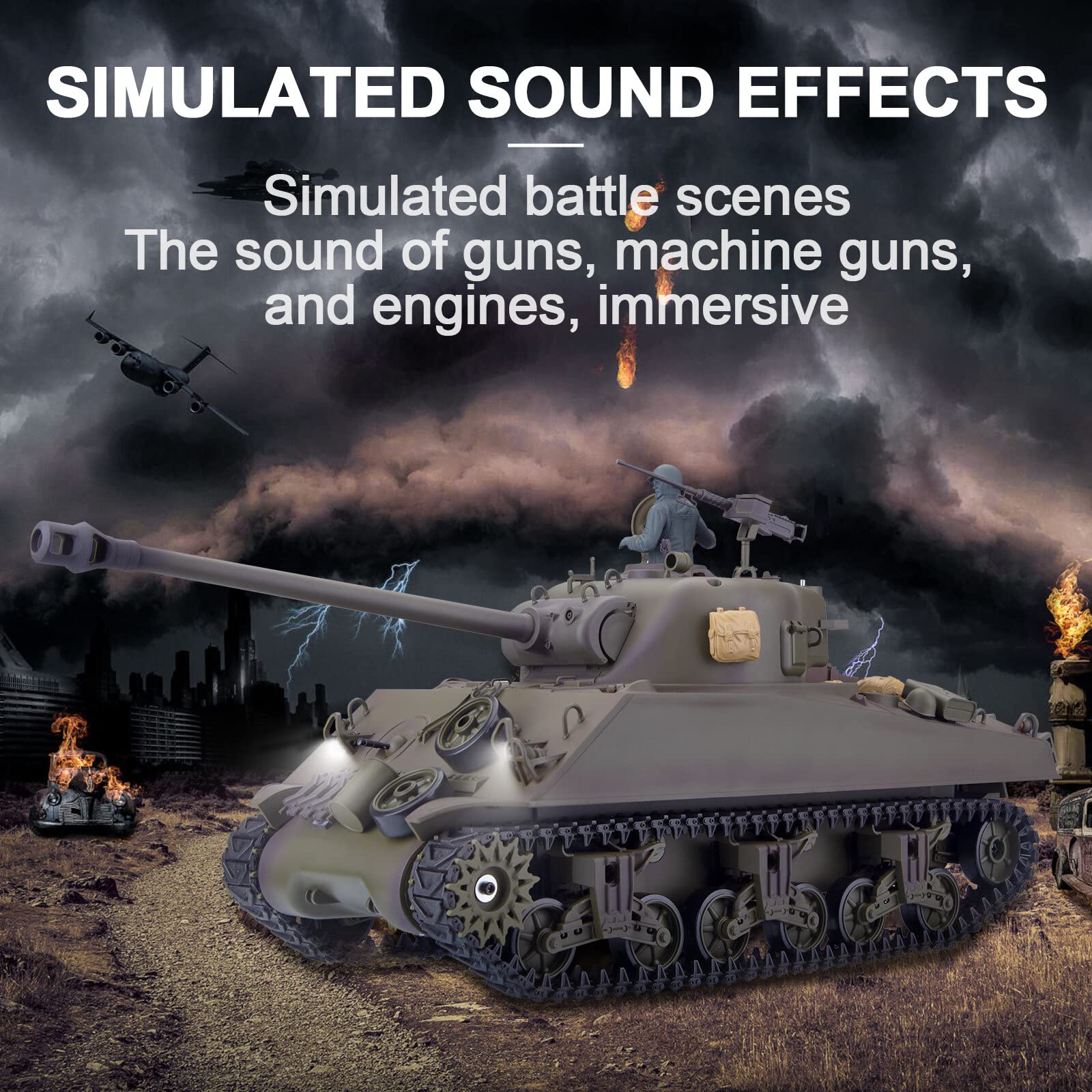 1:16 RC US M4A3 Sherman Tanque mediano, modelo de vehículo militar a control remoto con caja de cambios de acero, humo, sonido, luz, batalla infrarroja, barril retráctil