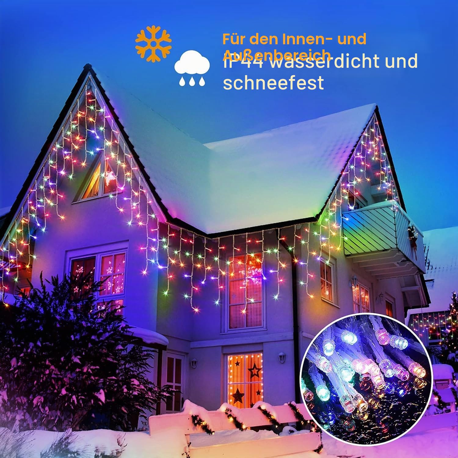 GlobaLink 400 LED Lichterkette Eisregen, 10M Lichtervorhang Außen erweiterbar Regenlichterkette Eiszapfen IP44 Lichterkette außen und Innen Deko für Dach Balkon Weihnachten Party Hochzeit - Bunt | Lichtervorhang Außen erweiterbar mit Timer und 8 Modi, IP4