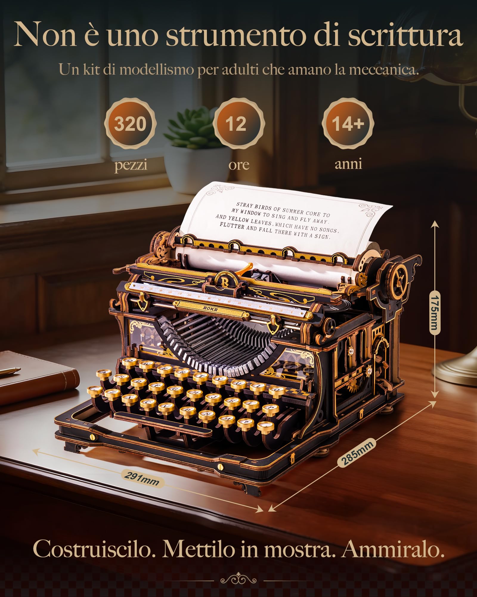 ROKR Puzzle 3D in Legno Macchina da Scrivere Meccanica Modellino Classica | Kit Costruzione Fai da Te per Adulti, Arredamento da Scrivania Retro, Mechanical Typewriter Versione Classica, LK703B