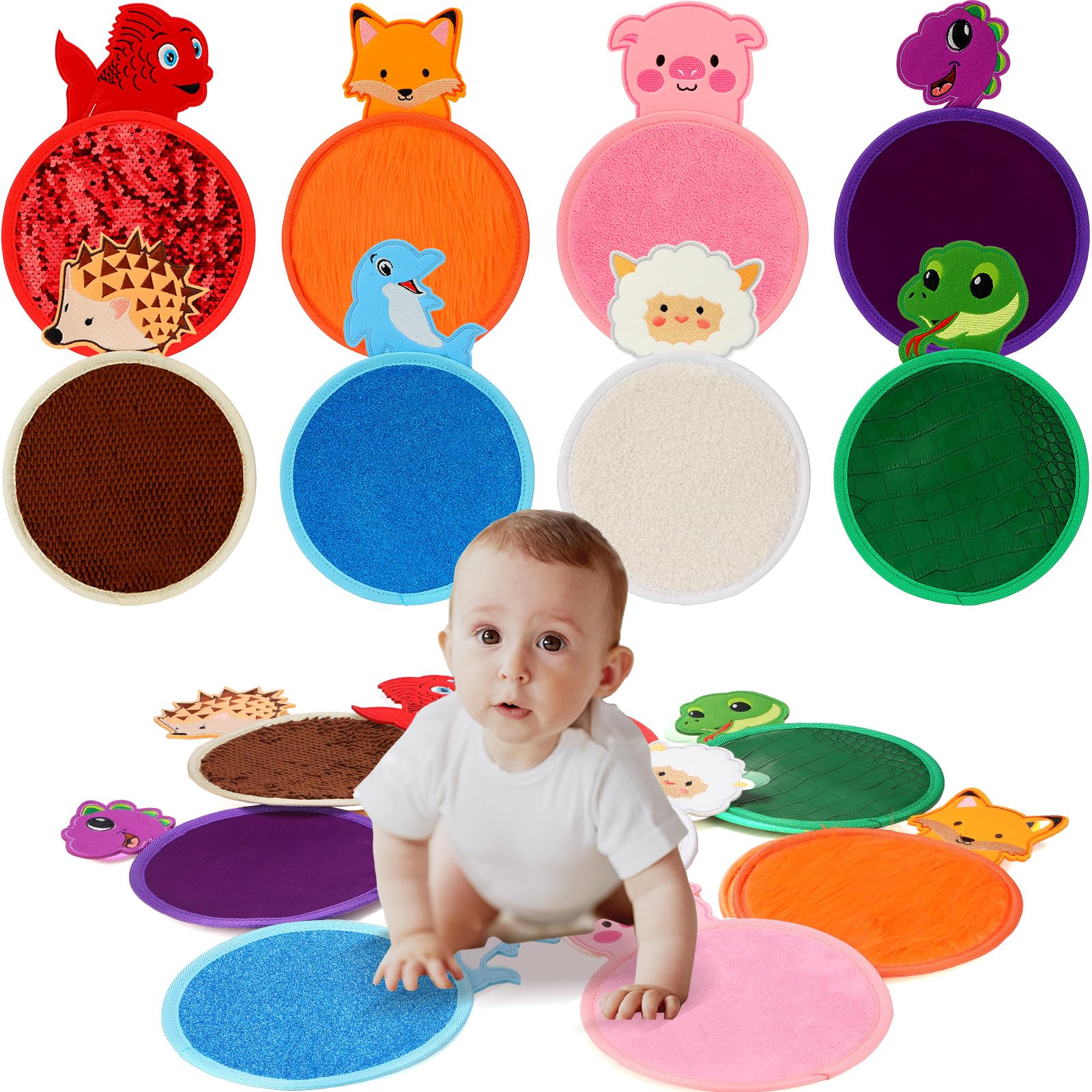 Syhood 8 Pcs Sensory Tiles Animal Theme Sensory Mats Assorted Textured Sensory Fabric Tactile Sensory Toys Boys Girls Wall Panel Disorder Toys for School Autistic Room Calming Activity Tactile Play