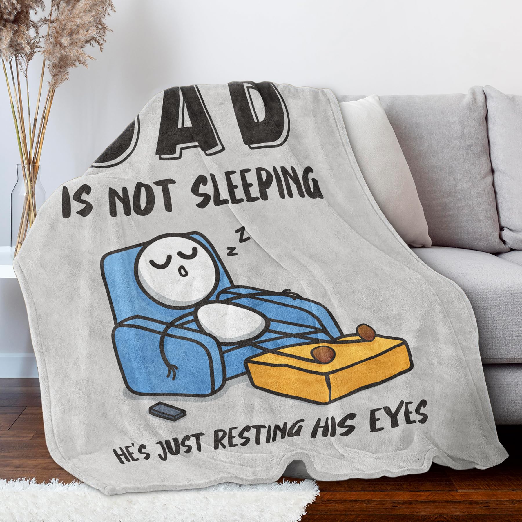 Funny Fathers Day Birthday Gift for Dad Husband, Dad is Not Sleeping Blanket, Dads Gifts from Daughter Son, Super Soft Throws Blanket for Couch and Napping, 60" x 50" (Gray)