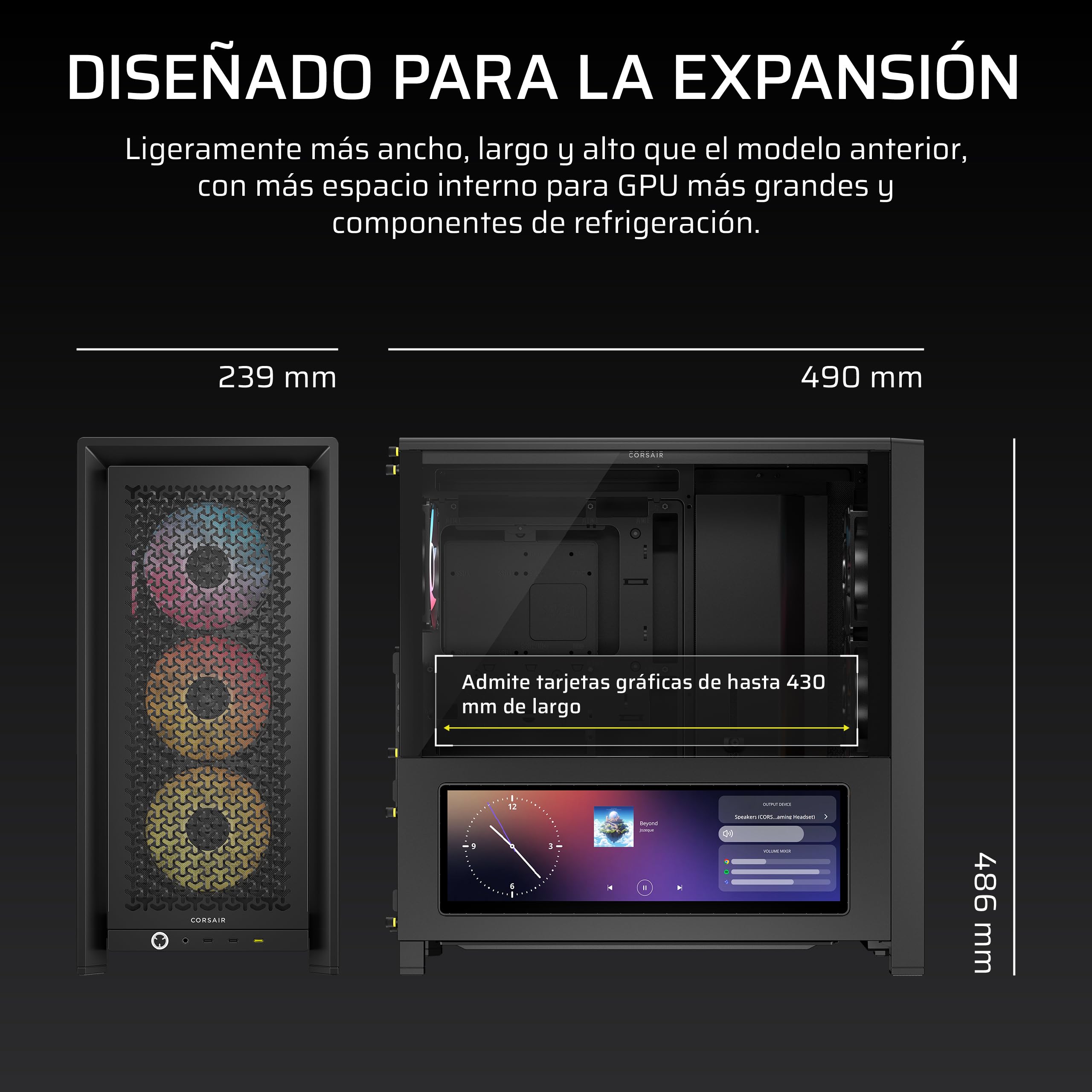 CORSAIR Frame 4000D LCD RS ARGB Chasis para PC Modular ATX Semitorre – Pantalla Táctil LCD XENEON Edge, Sistema de Montaje de InfiniRail, 4 Ventiladores RS120 ARGB PWM – Negro | Pantalla táctil modular XENEON EDGE LCD, sistema de montaje del ventilador In