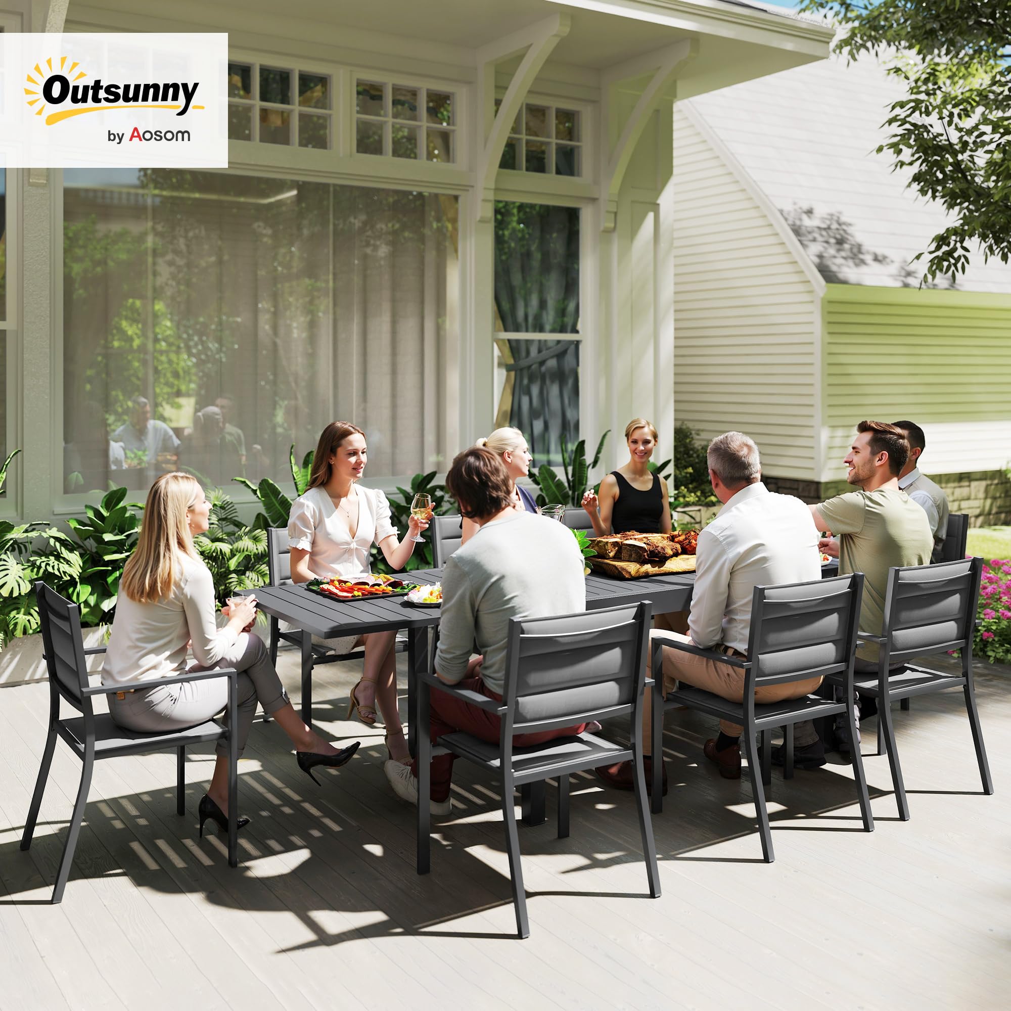 Outsunny Salon de Jardin Exterieur 8 Personnes Table de Jardin Extensible 135-270 cm pour 6-8 Personnes en Aluminium et textilène - 8 chaises empilables - Gris