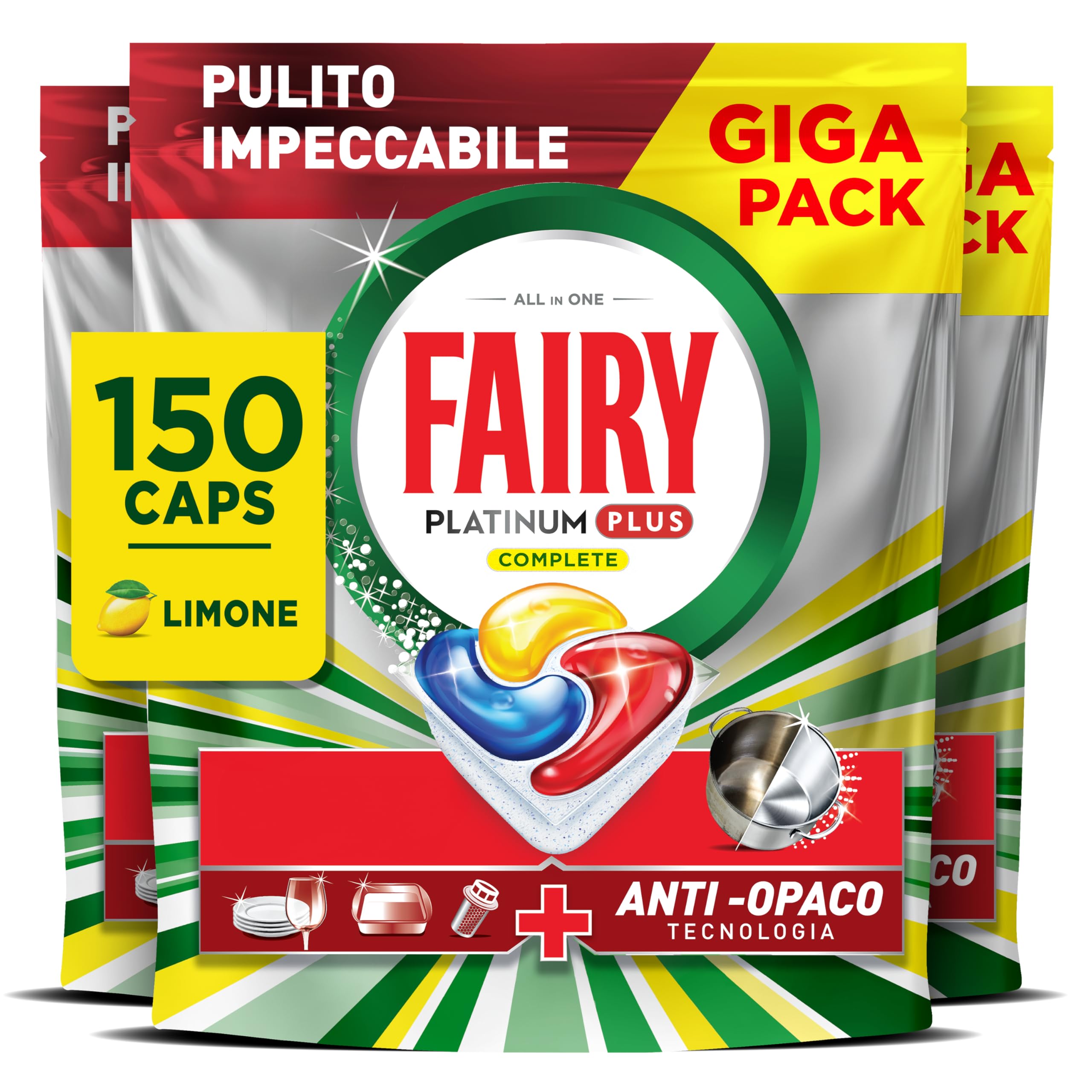 Fairy Platinum Detersivo Pastiglie Lavastoviglie Plus Complete, Brillantante, 150 Capsule, Limone, Tecnologia Anti-Opaco, Contro Il Grasso e le Incrostazioni Ostinate Anche Nei Cicli Brevi
