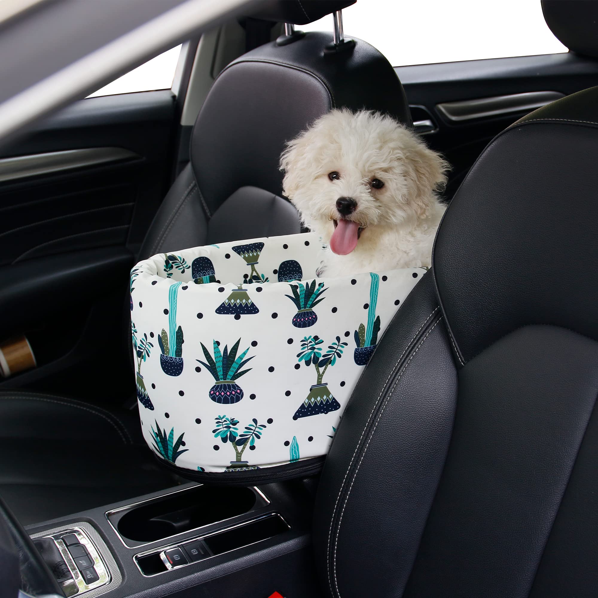 Pet Safety Booster Seat, Center Console Car Seat for Small Dogs Cats, Puppy Armrest Booster Seat, Pet Washable Travel Armrests Bed Bag, Removable Dog Car Seat for Small Pets Up to 13 Lbs (Cactus)