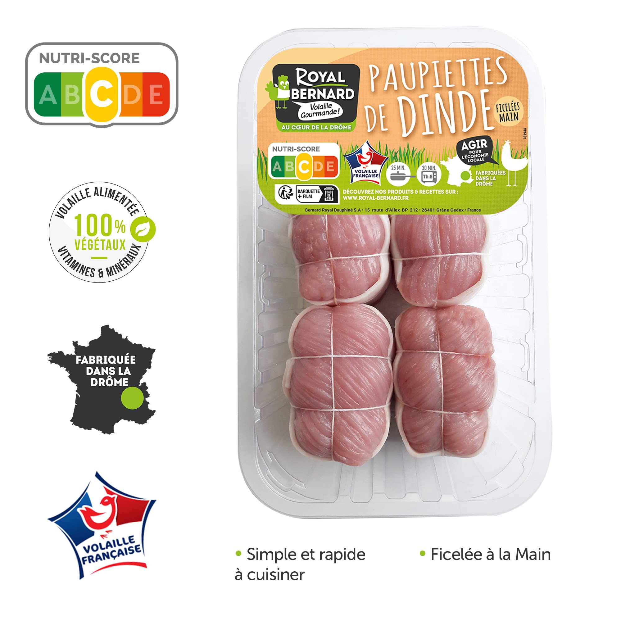Royal Bernard - Assortiment Automnal - Colis de Viande de Volaille - 4 Barquettes de 4 Savoureux Produits - 1 Roulé de Dinde + 1 Poulet Entier + 4 Cuisses Poulet Label Rouge + 4 Paupiettes