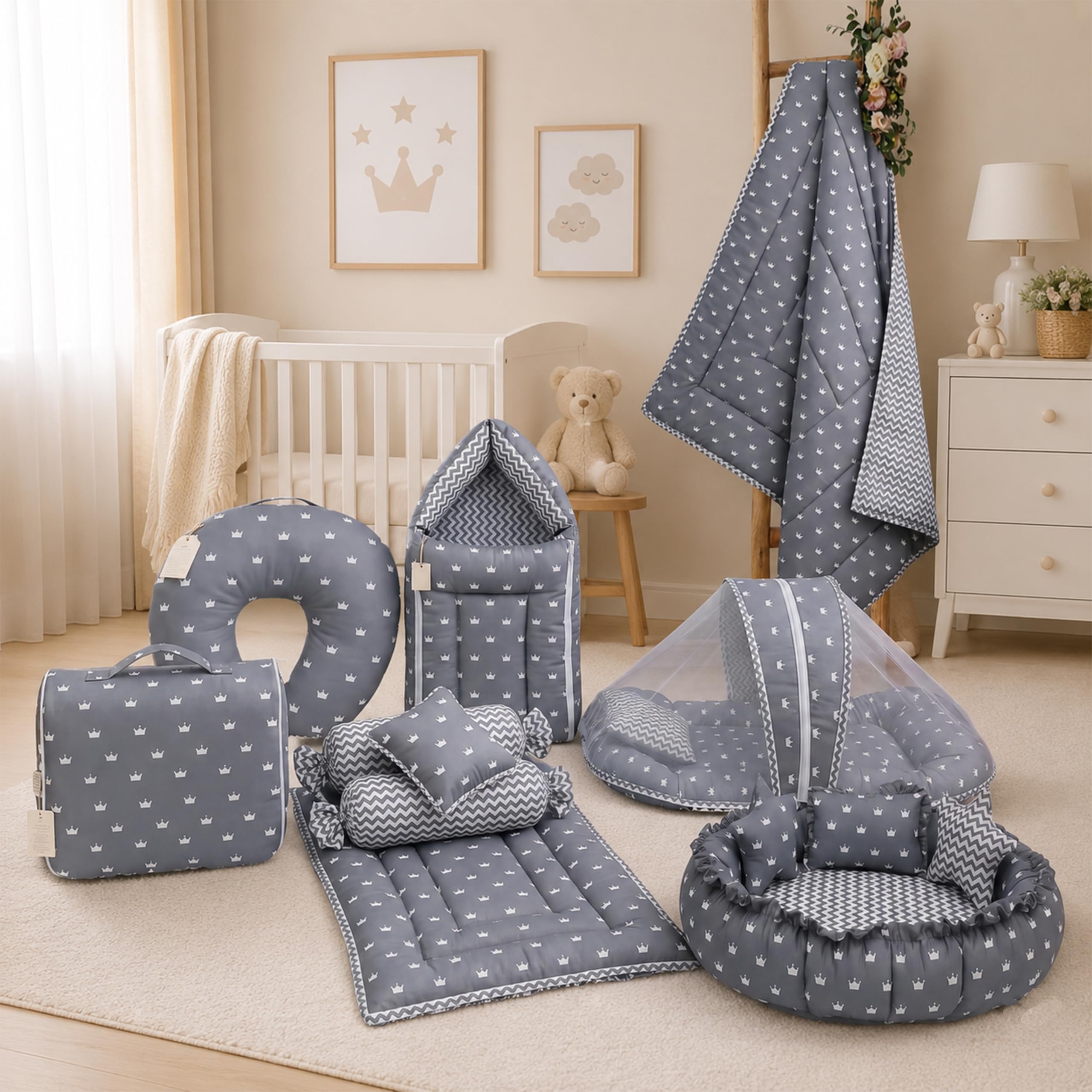 Infantbond by fareto Baby Bedding Set Combo | Flat Bed | Carry Bag | Full All Daily Needs Bedding in Single | Blanket Pack (Pack of 8 Items) (0-6 Months) (Grey Crown)-image-23