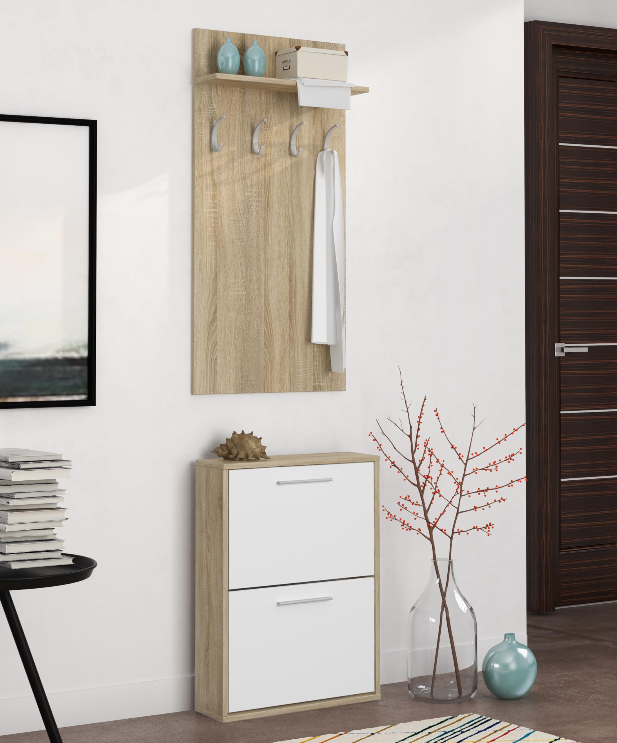 Arreditaly Set Ingresso Salvaspazio con Scarpiera 2 Ribalte e Appendiabiti da Parete con Mensola Mobile Ingresso Moderno Soggiorno Portascarpe Giacche 54 x 73 x 18 Cm (Bianco e Rovere)