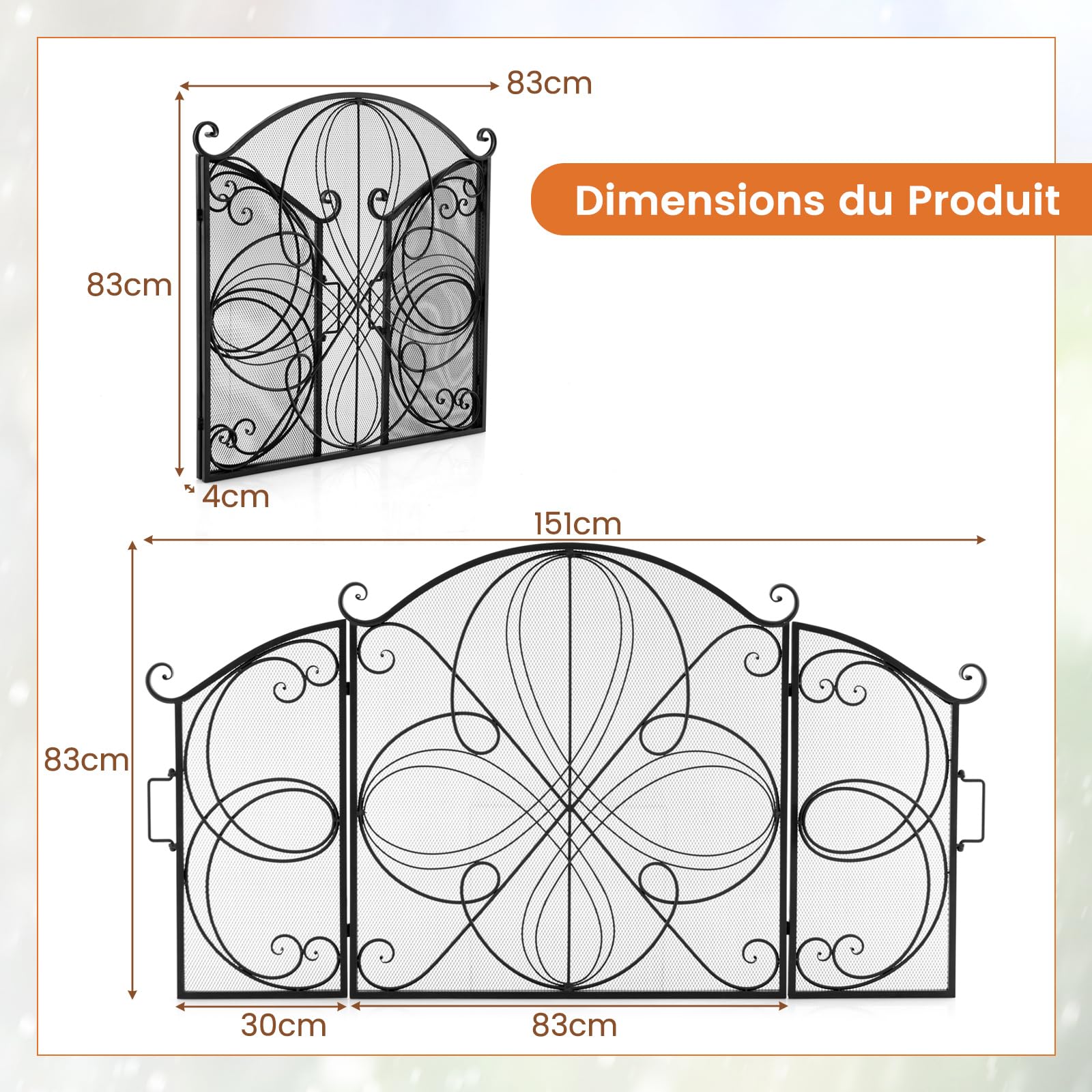 COSTWAY Pare Feu Cheminée Pliable 3 Panneaux, Écran de Cheminée en Fer Forgé, 151 x 83 cm, Pare-étincelles en Maille Design Fleur, Aucun assemblage, Grille de Protection pour Poêle