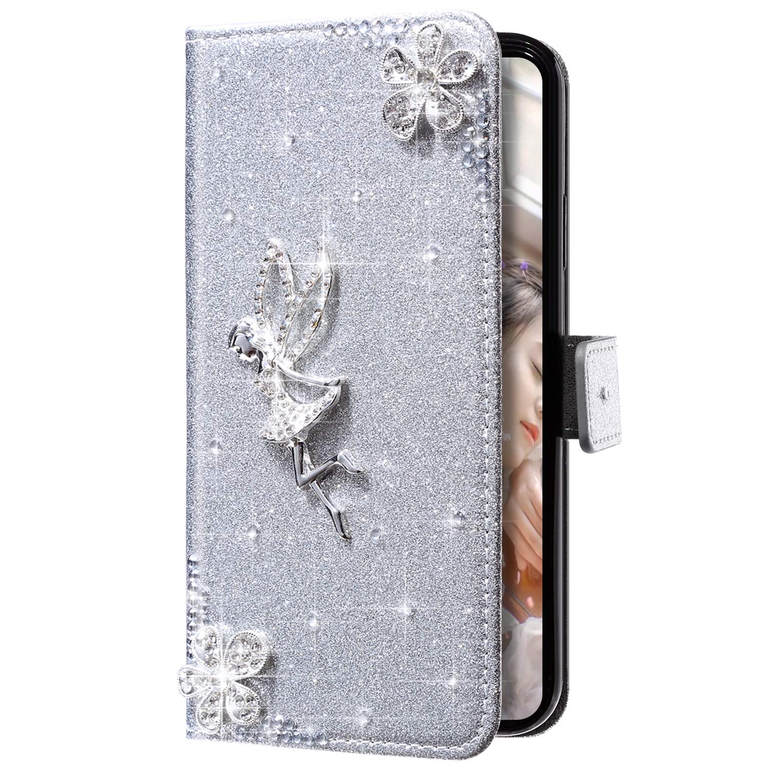 Uposao Cover Compatibile con Galaxy A20e Cover in PU Pelle Libro Custodia Wallet Flip Portafoglio Cover Glitter Bling Case con 9 Carte Slot Funzione Supporto Chiusura e Strap,Nero