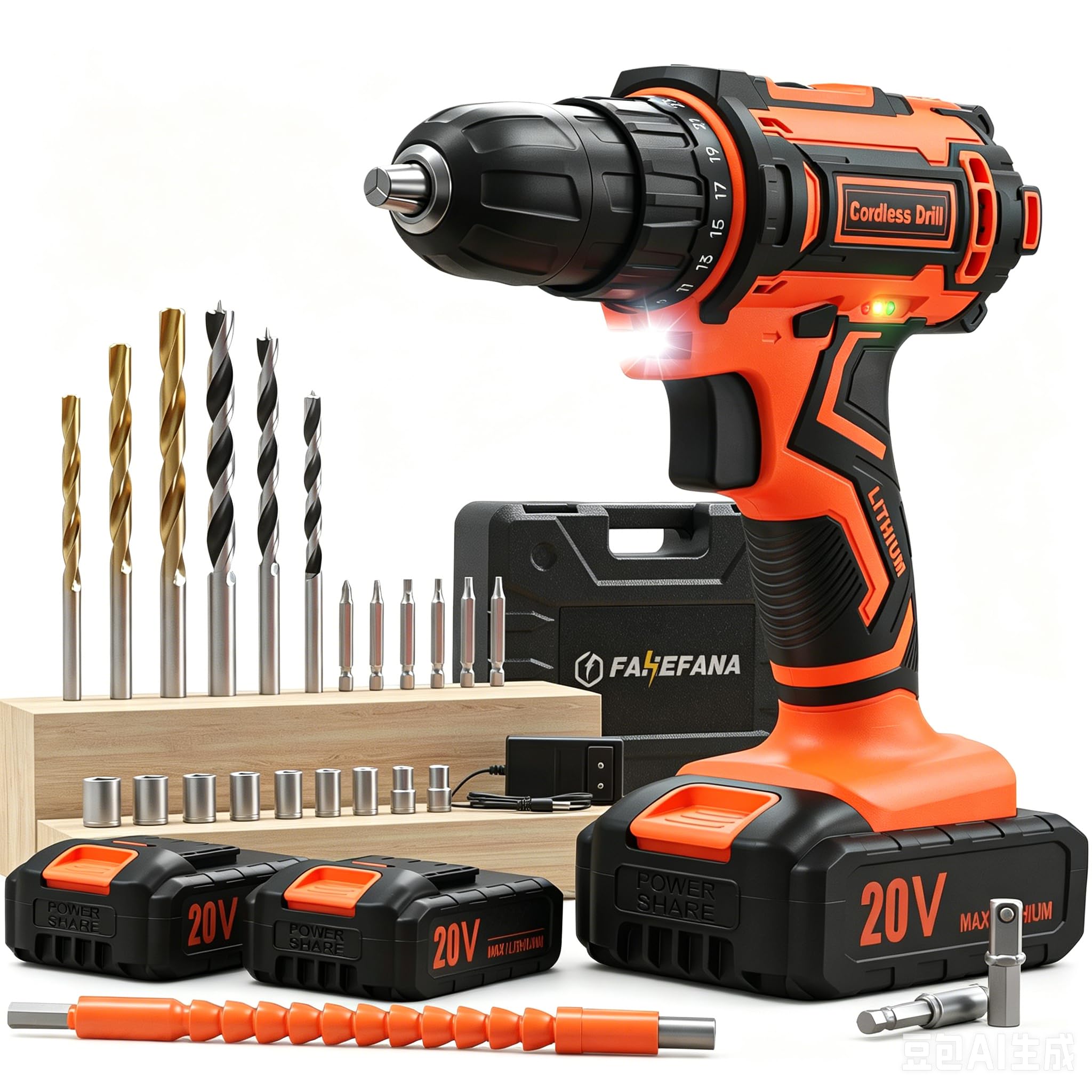 Taladro Atornillador a Batería 20V Inalámbrico, 42Nm Alto Torque, 2 Baterías Recargables 2000mAh, 25+1 Ajustes de Par, 2 Velocidades, Portabrocas 10mm, Luz LED Integrada, Juego 24 Piezas Accesorios